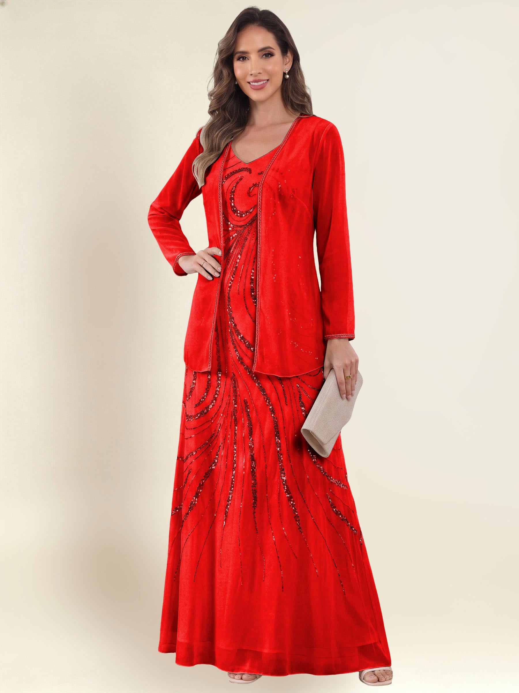 ROVDESY 2 Pieces V-Neck Sequin Chiffon Long Mother Of The Bride Dress With Long Sleeve Jacket