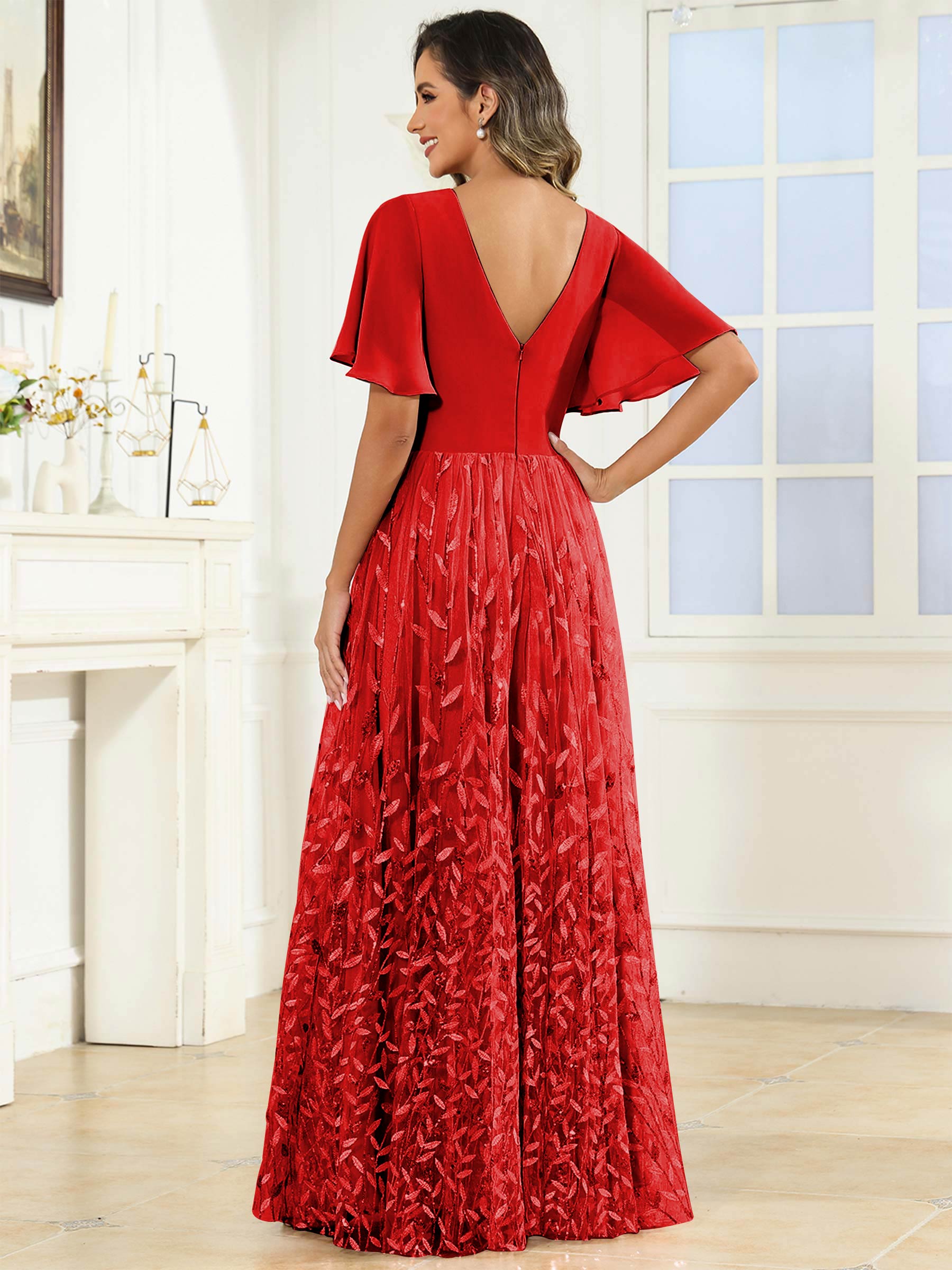 ROVDESY A-Line V-Neck Chiffon Sequin Mother Of The Bride Dress With Short Sleeves