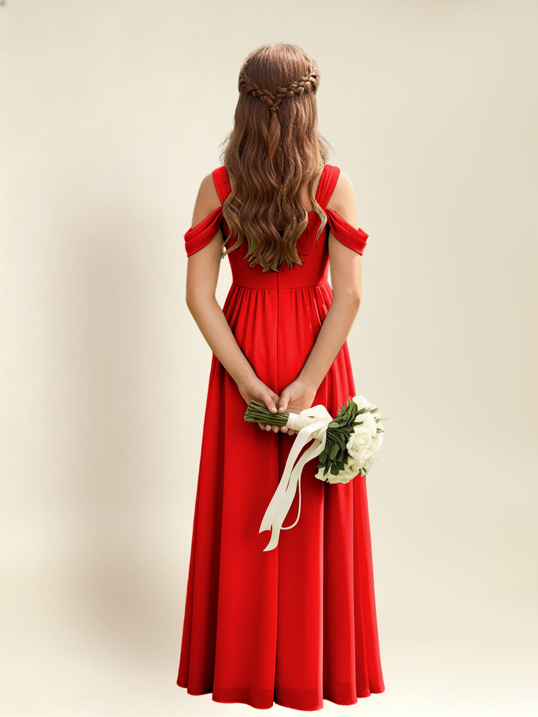 ROVDESY A-Line Off The Shoulder Pleated Chiffon Junior Bridesmaid Dress