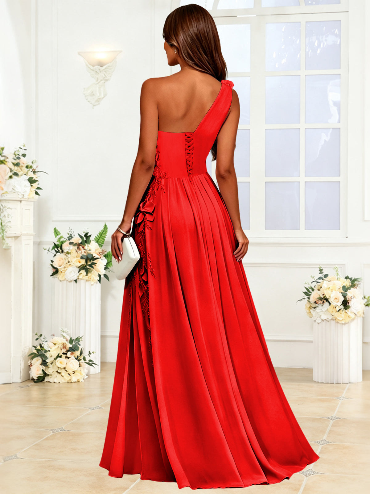 One Shoulder 3D Flower Chiffon Bridesmaid Dress with Slit