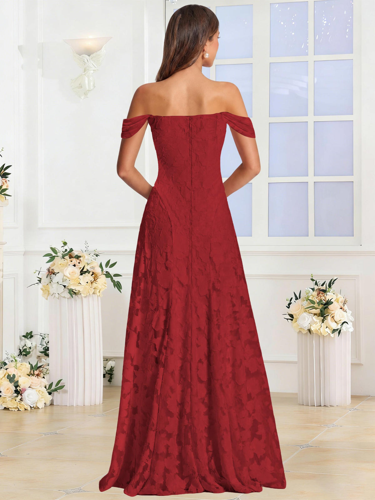 Off the Shoulder Floral Ruched A-line Bridesmaid Dress