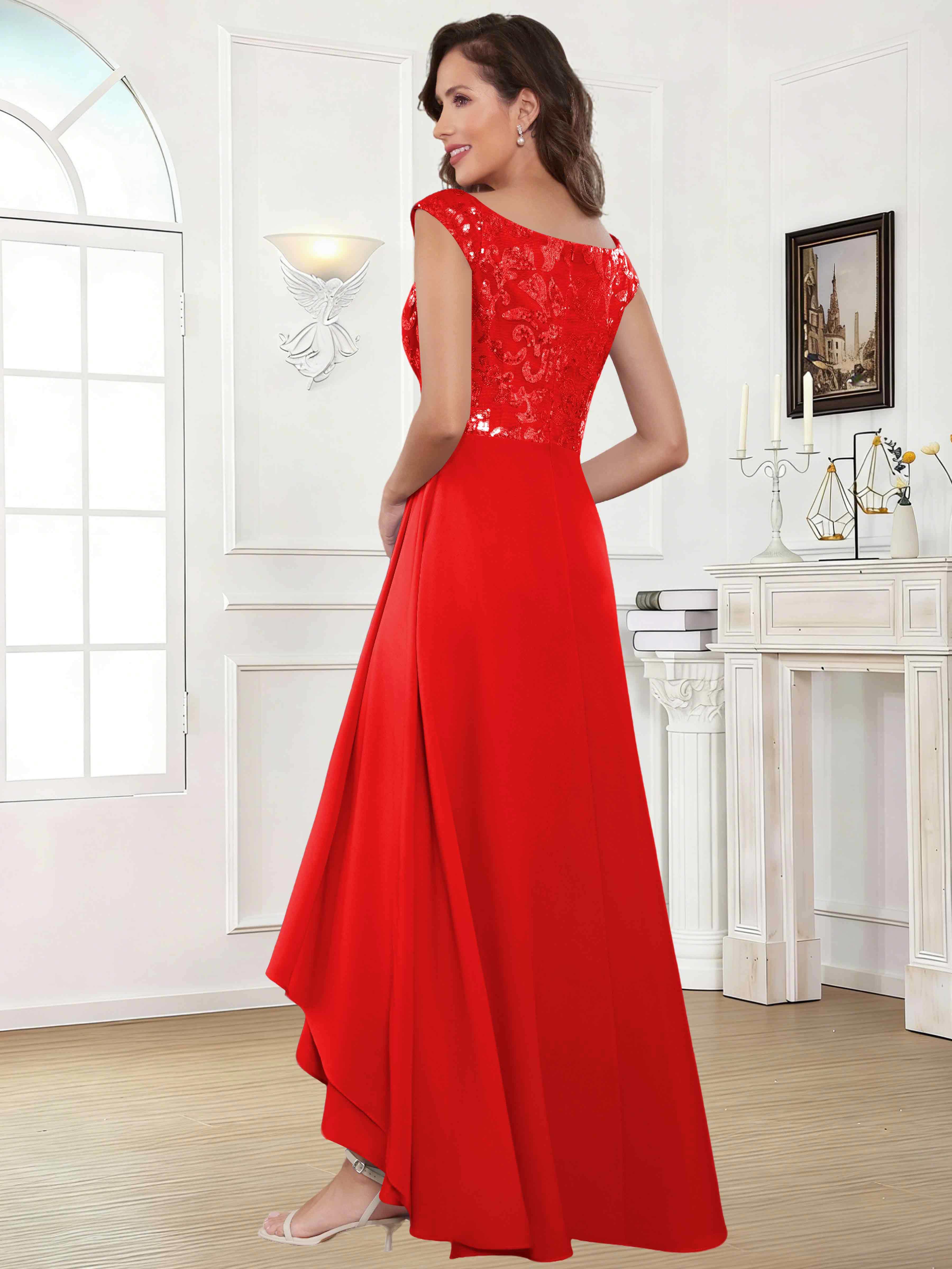ROVDESY Tea Length Off-The-Shoulder Sequin Chiffon Mother Of The Bride Dress