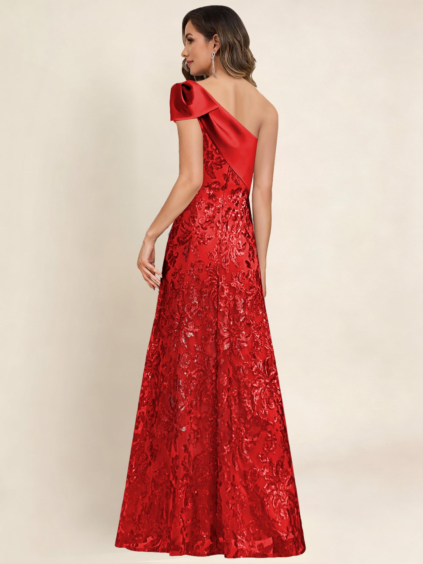 ROVDESY One Shoulder Sequin Mermaid Long Mother Of The Bride Dress Formal Gown With Bow