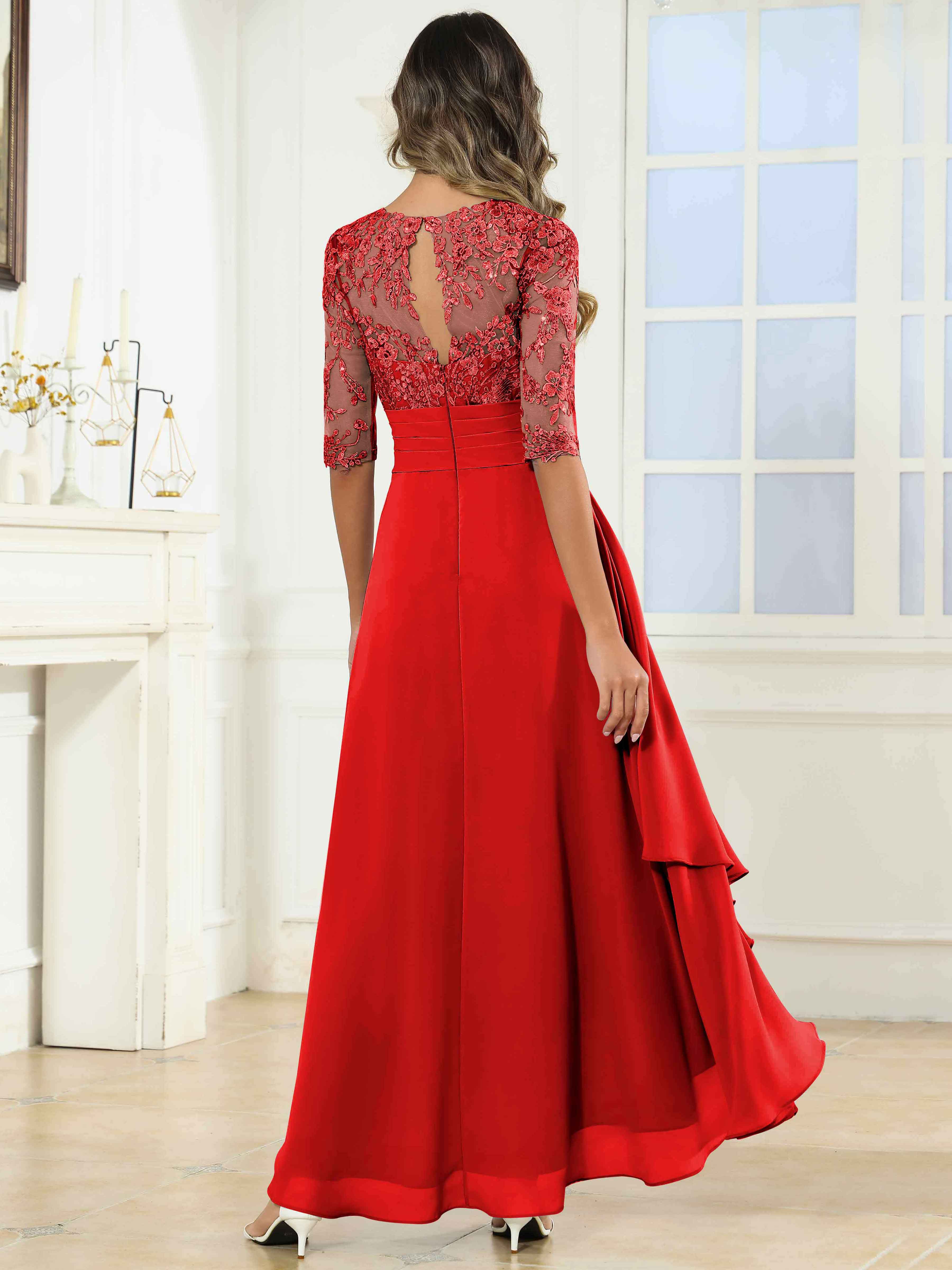 ROVDESY Tea Length A-Line Lace Chiffon Mother Of The Bride Dress With Half Sleeves