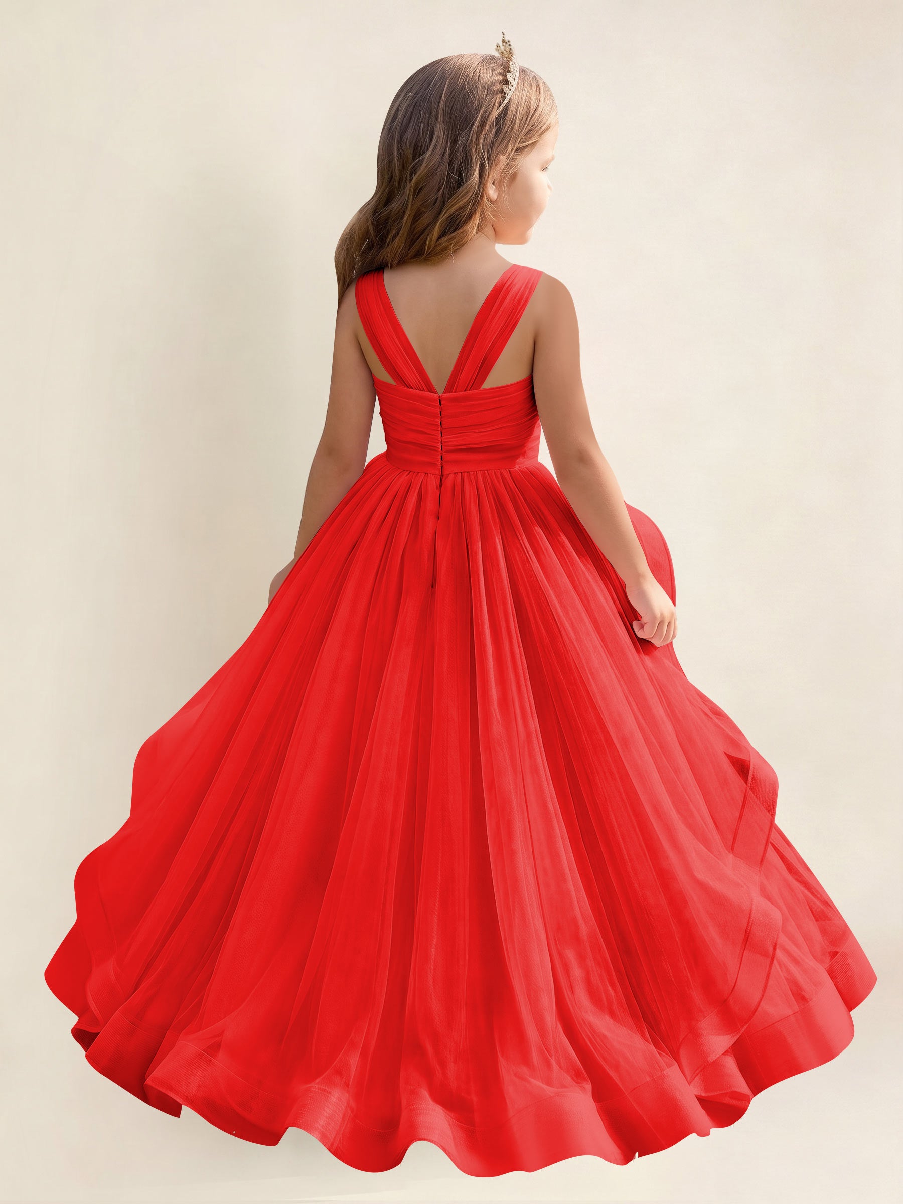 ROVDESY A-Line V-Neck Tulle Flower Girl Dress With Sleeveless Long Ball Gown Dress