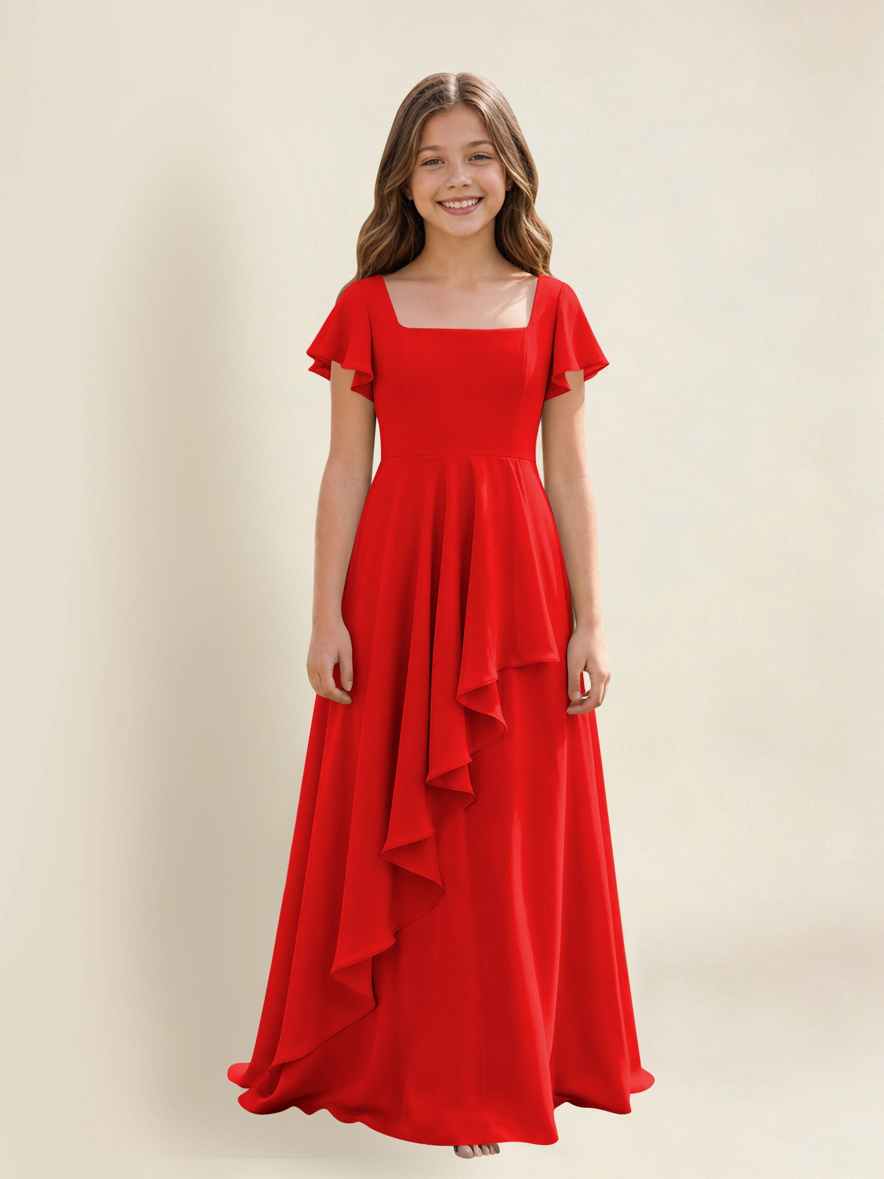 ROVDESY A-Line Square Neck Ruffle Chiffon Junior Bridesmaid Dress With Short Sleeves