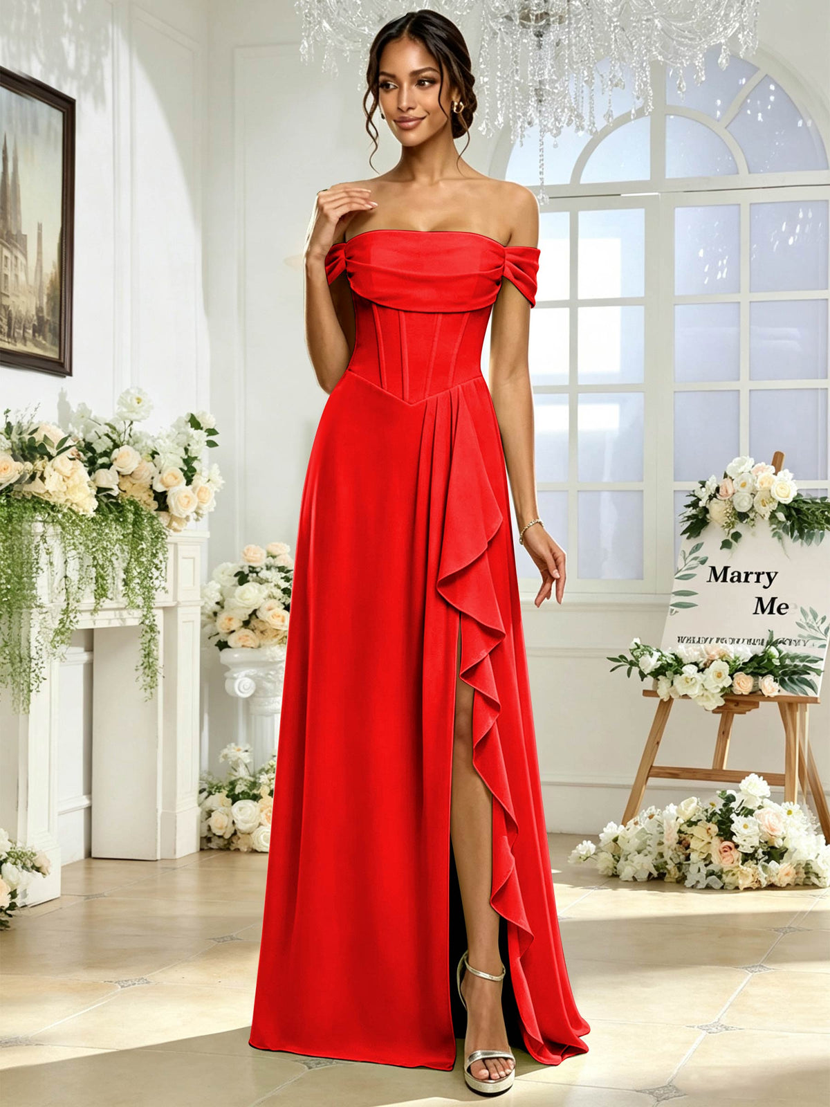 Off the Shoulder Chiffon A Line Long Bridesmaid Dress with Slit