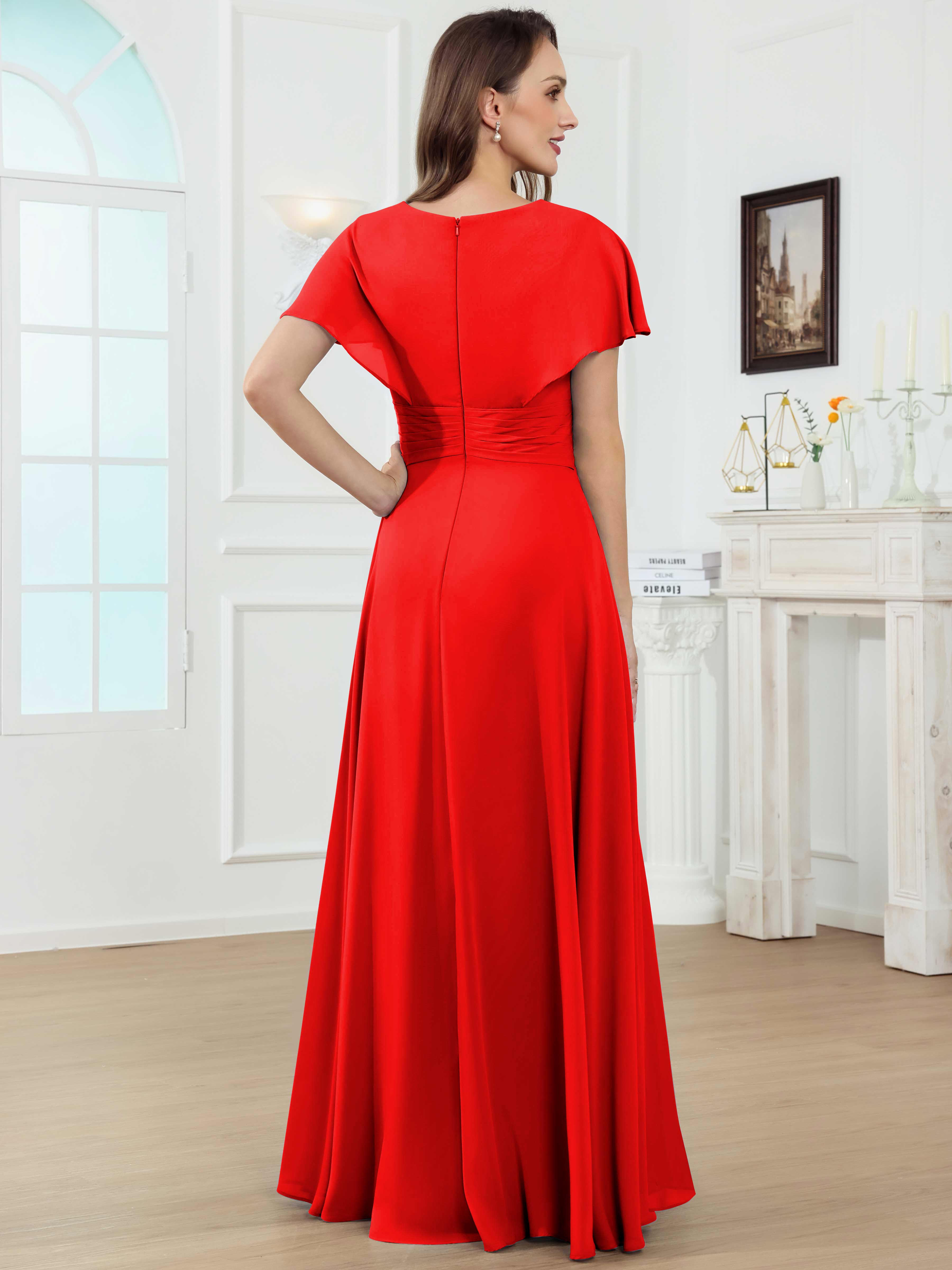 ROVDESY A-Line V-Neck Pleated Lace Chiffon Mother Of The Bride Dress With Short Sleeves