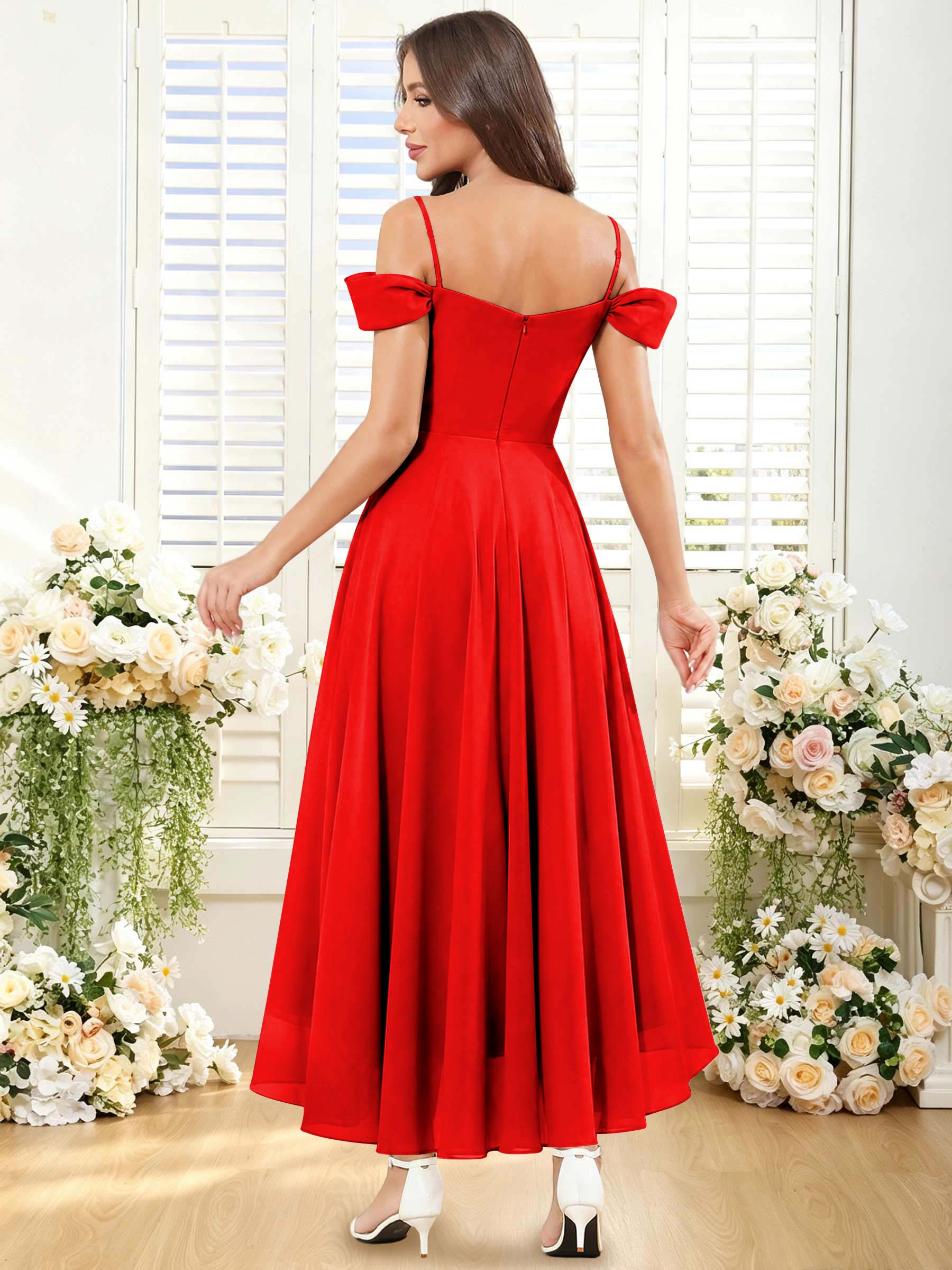 ROVDESY ROVDESY Short Cold Shoulder Sweetheart High Low Pleated Chiffon Bridesmaid Dress