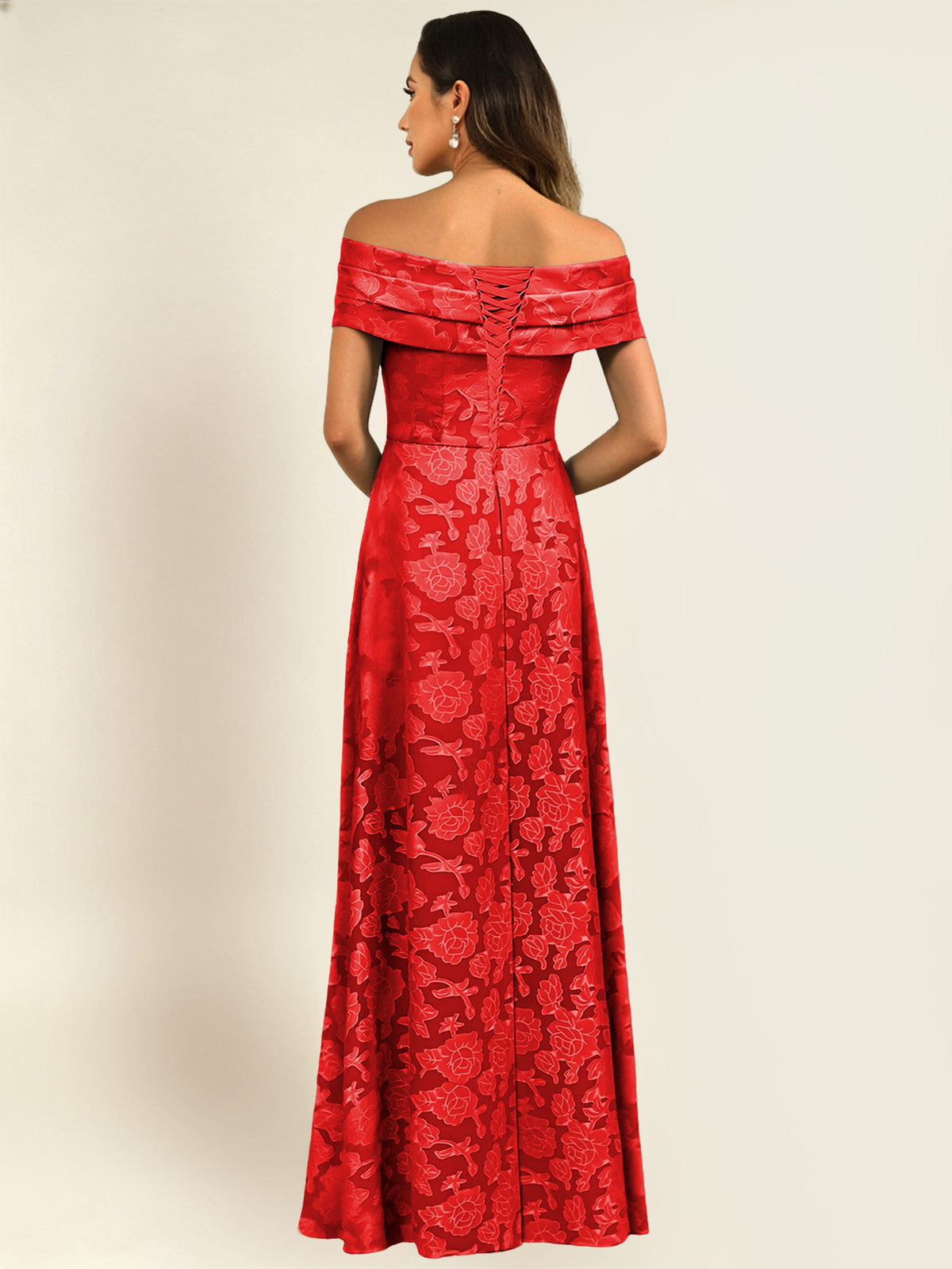 ROVDESY Off the Shoulder Floral Jacquard A-Line Long Mother of the Bride Dress