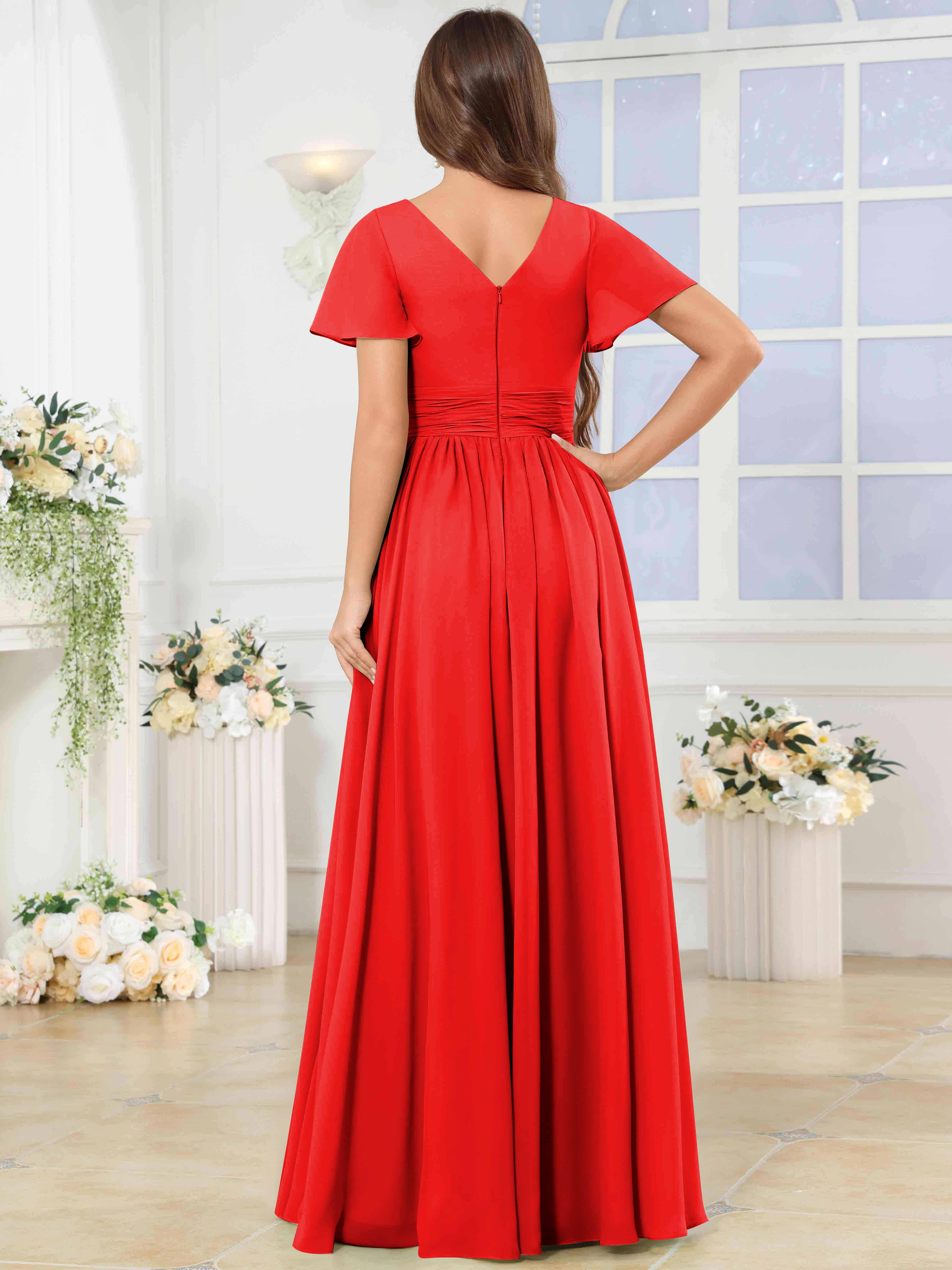 ROVDESY A-Line V-Neck Slit Pleated Ruffle Chiffon Bridesmaid Dress With Short Sleeves