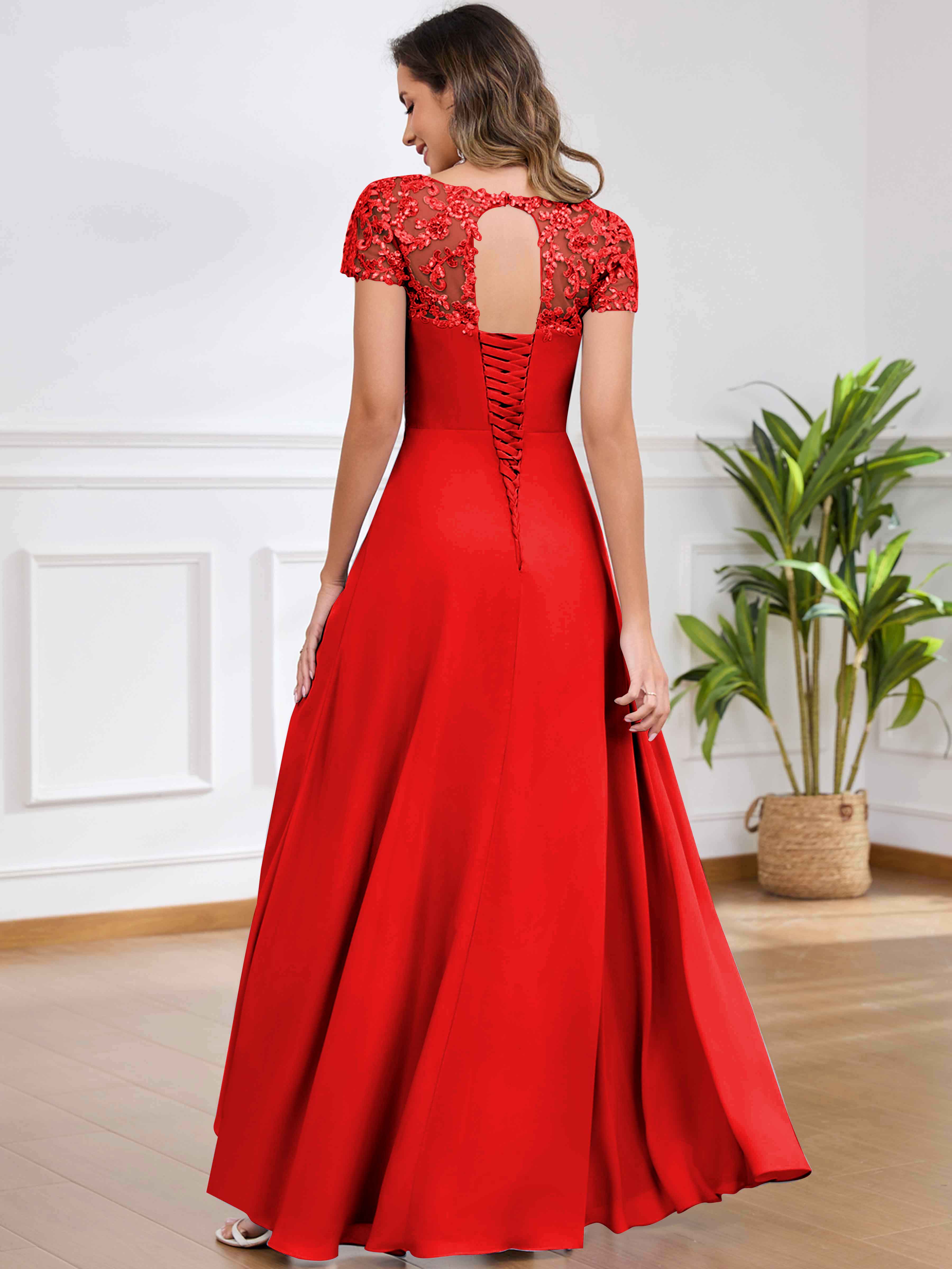 ROVDESY A-Line Pleated Lace Sequin Ruffle Chiffon Mother Of The Bride Dress With Slit