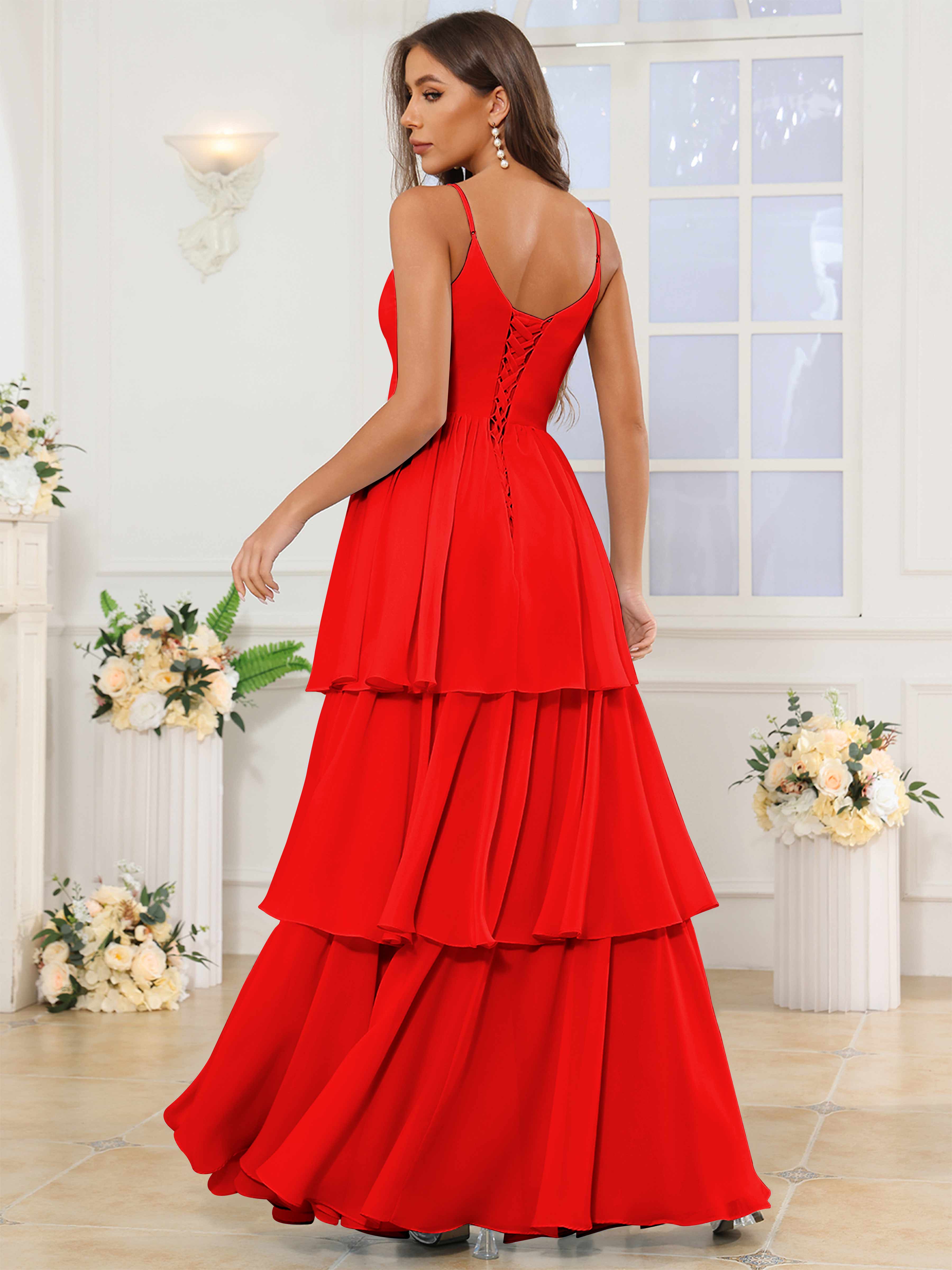 ROVDESY V-Neck Spaghetti Straps Tiered Chiffon Bridesmaid Dress With Ruffles
