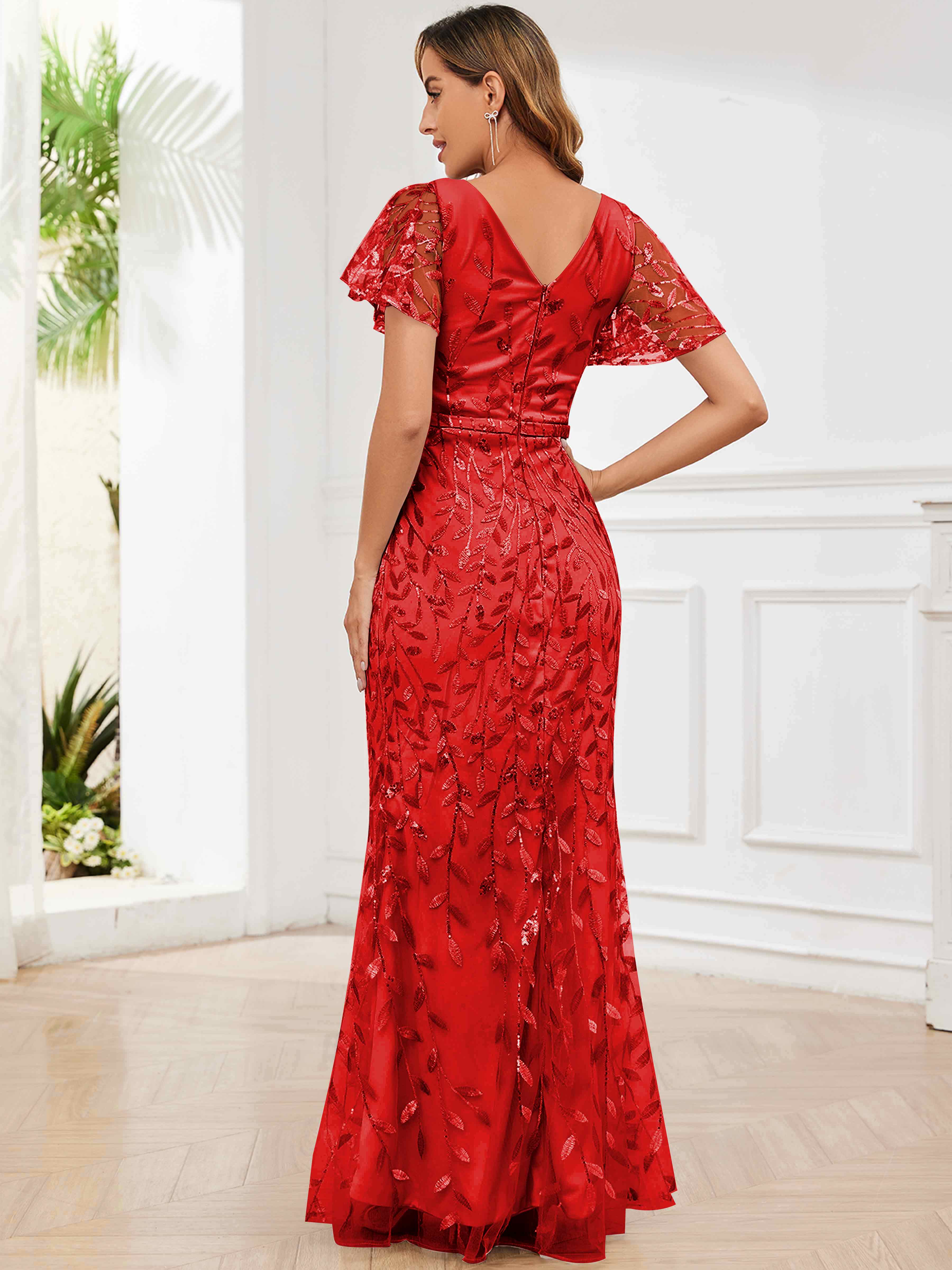 ROVDESY V-Neck Mermaid Sequin Mother Of The Bride Dress With Short Sleeves
