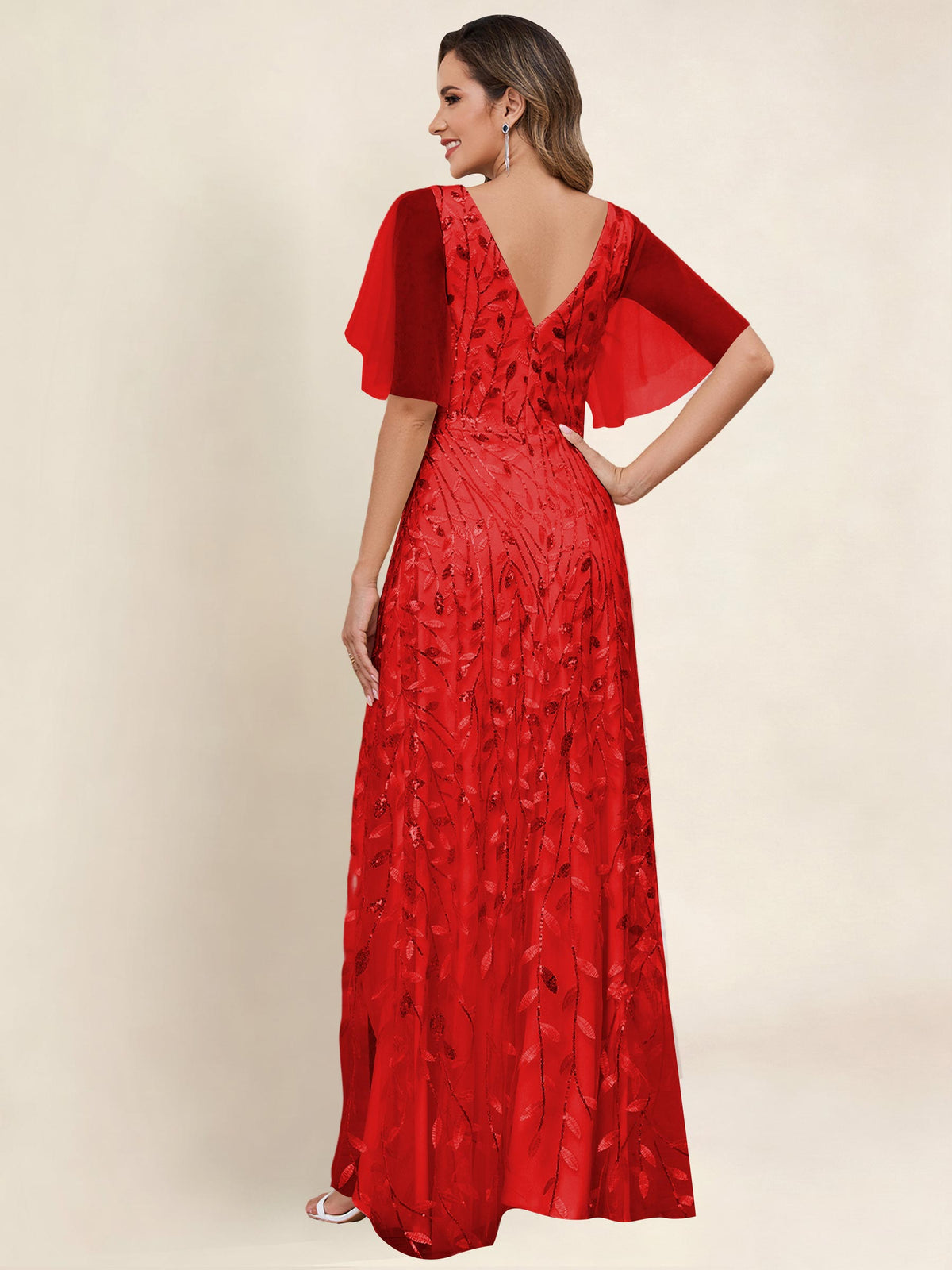 V Neck Sequin Tulle A Line Mother of the Bride Dress with Sleeves