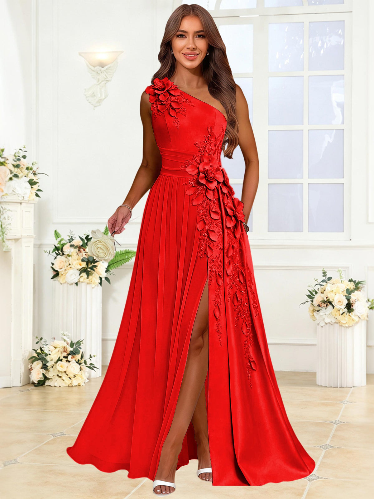 One Shoulder 3D Flower Chiffon Bridesmaid Dress with Slit
