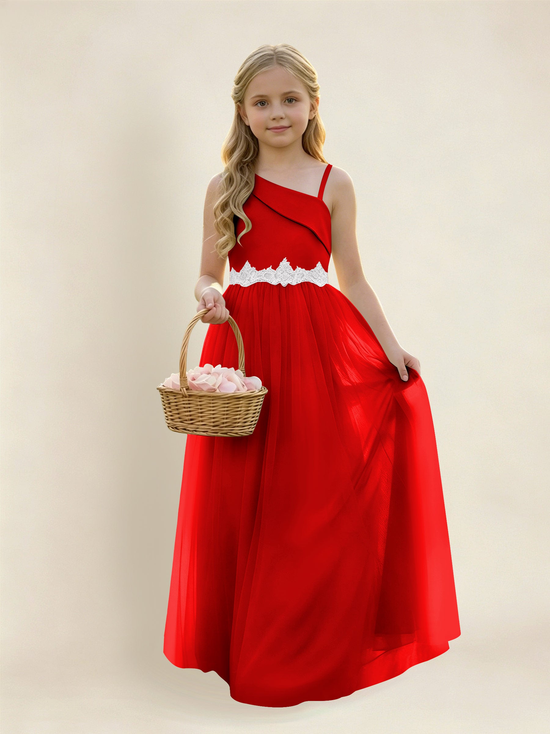 ROVDESY Asymmetric One Shoulder  Satin  Tulle Junior Bridesmaid Dress