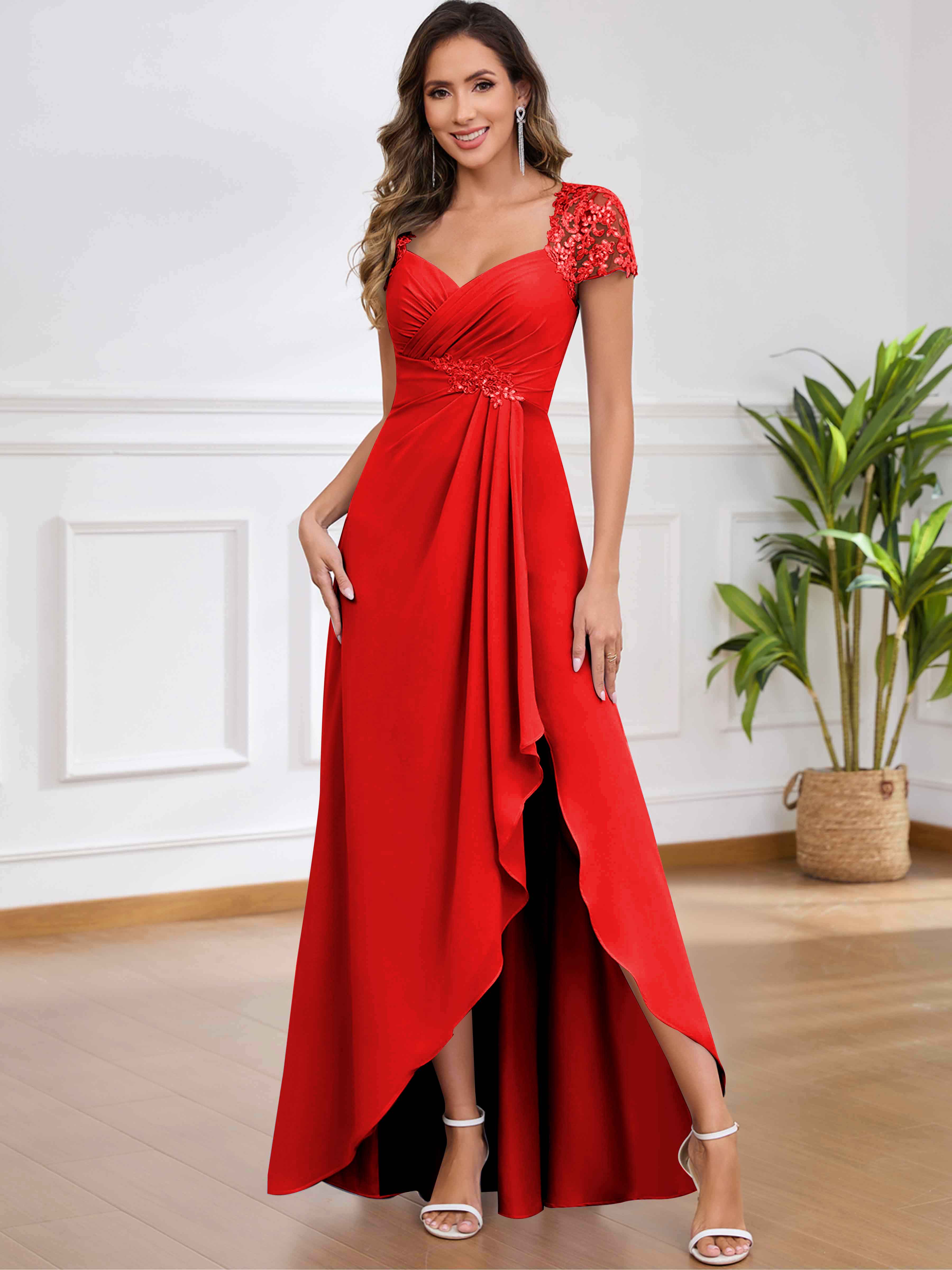 ROVDESY A-Line Pleated Lace Sequin Ruffle Chiffon Mother Of The Bride Dress With Slit