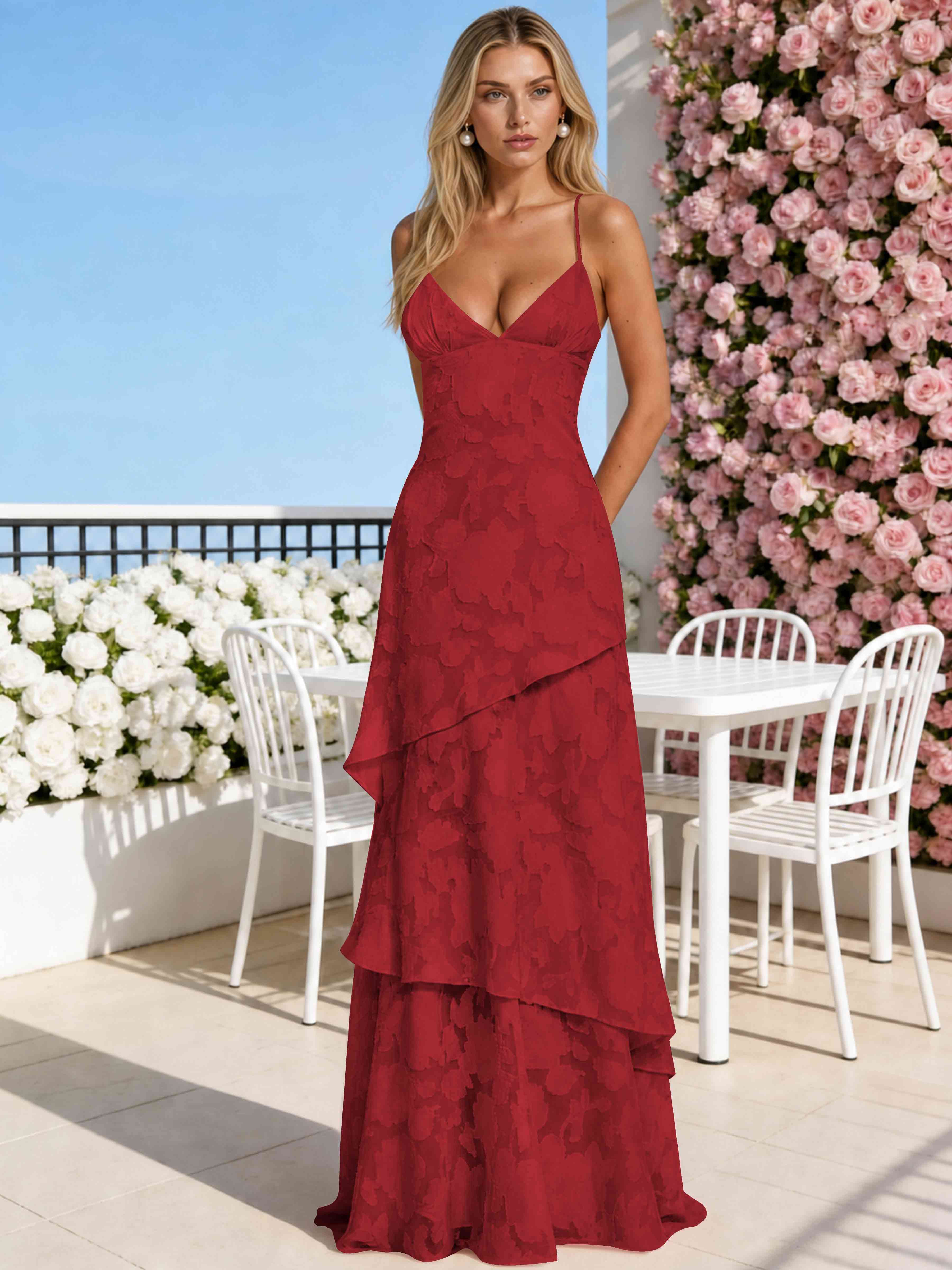 ROVDESY Spaghetti Strap V-Neck Chiffon Jacquard Tiered Ruffle Long Bridesmaid/Prom Dress