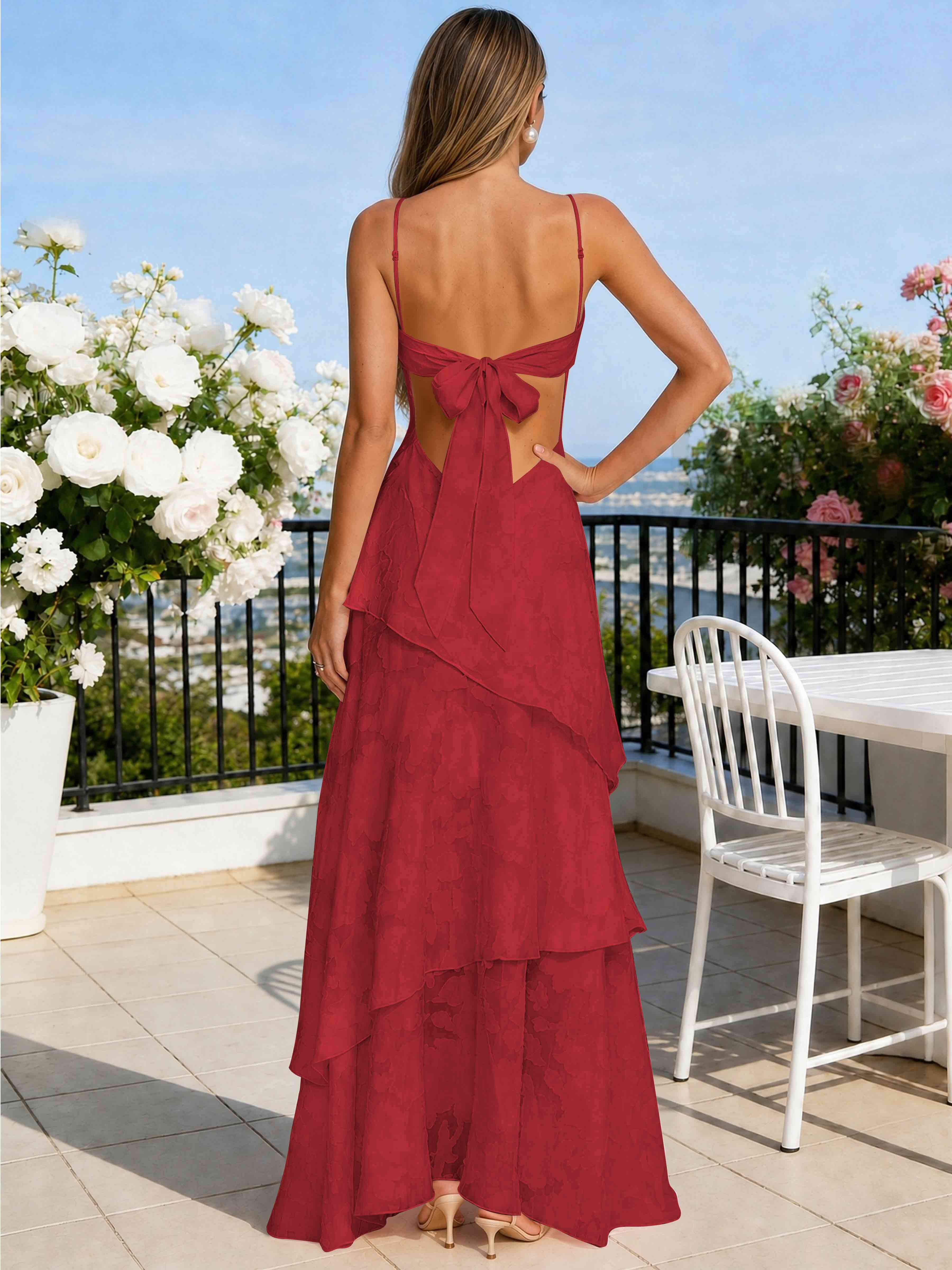 ROVDESY Spaghetti Strap V-Neck Chiffon Jacquard Tiered Ruffle Long Bridesmaid/Prom Dress