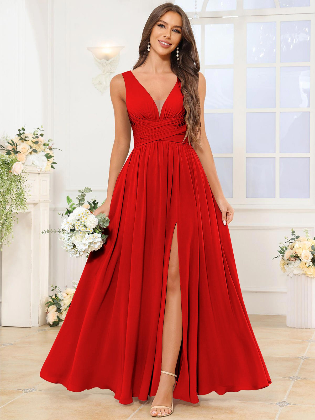 V Neck Chiffon A Line Bridesmaid Dress with Slit