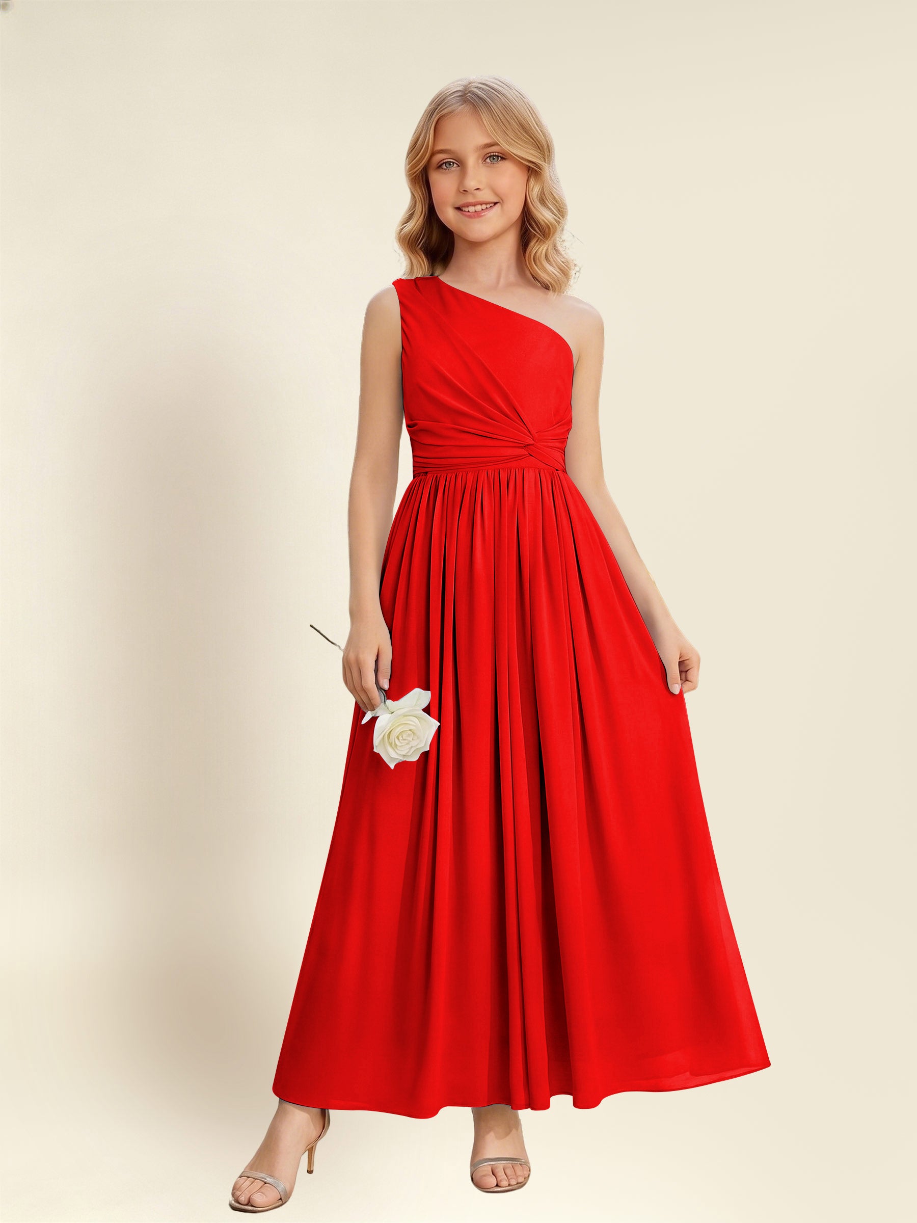 ROVDESY One Shoulder Twist Waist Chiffon Junior Bridesmaid Maxi Dress