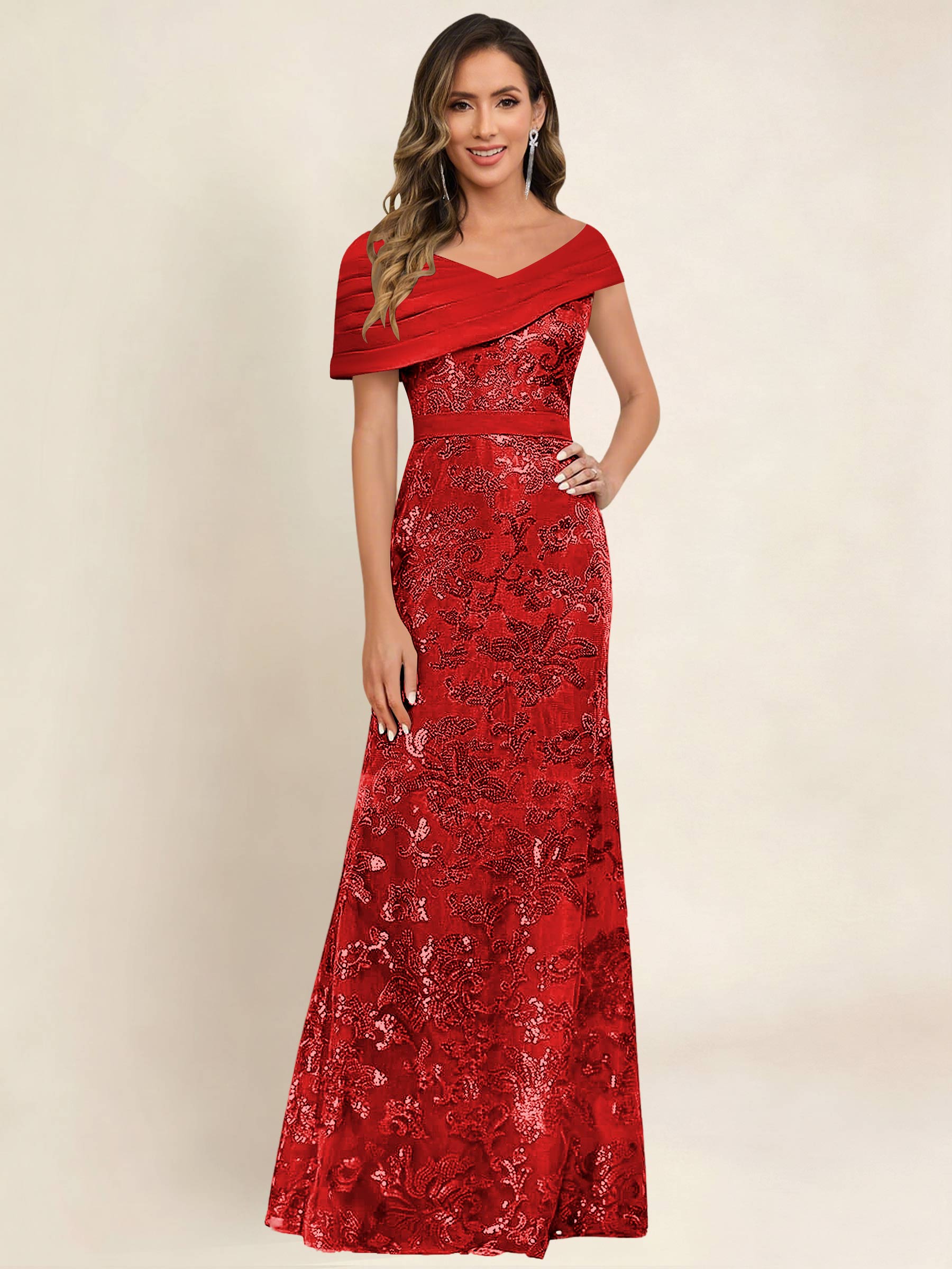 ROVDESY Off the Shoulder Sequin Mermaid Long Mother Of The Bride Dress Formal Gown
