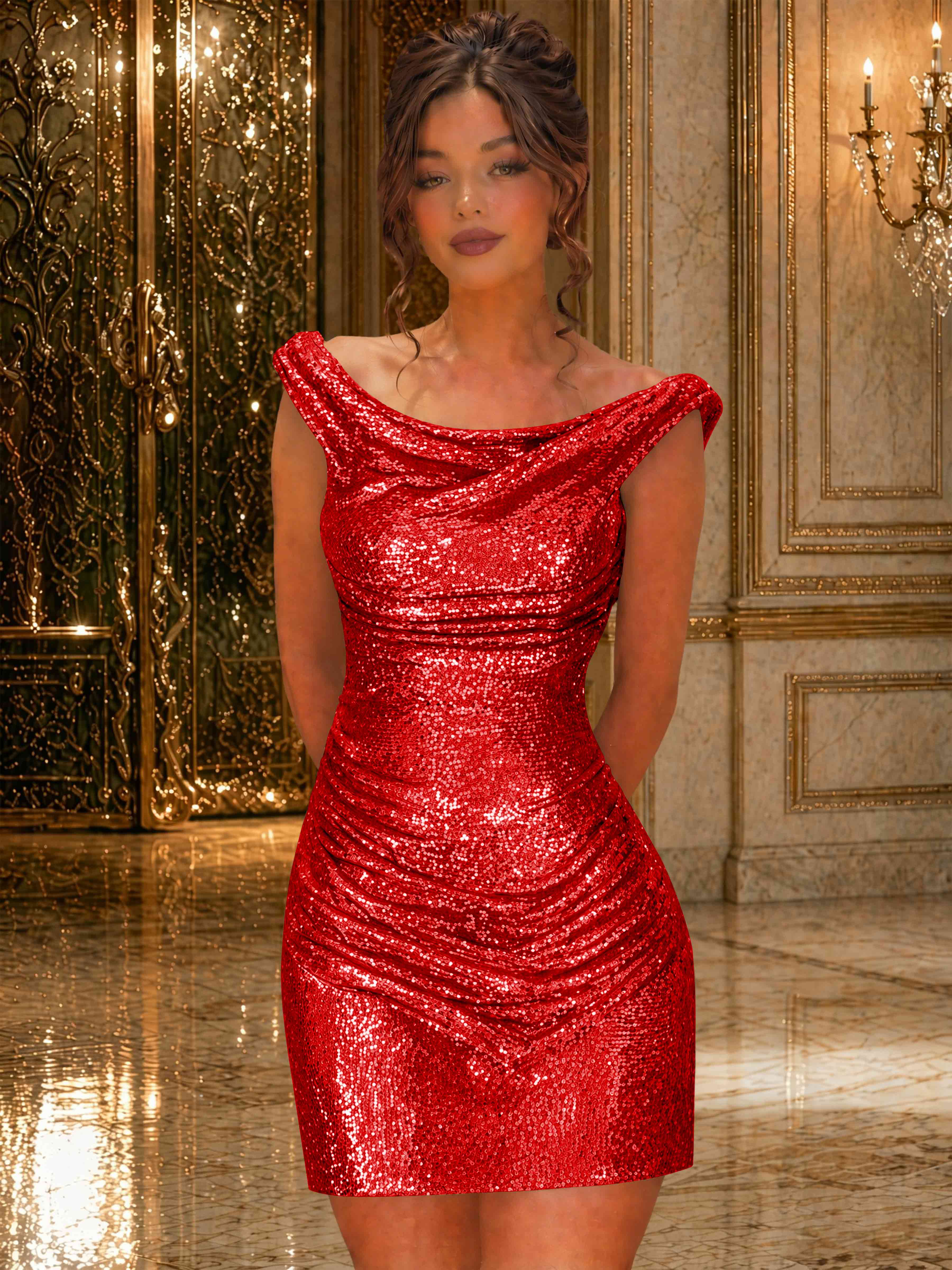 ROVDES Sparkly Off The Shoulder Ruched Sequin Tight Homecoming Mini Dress