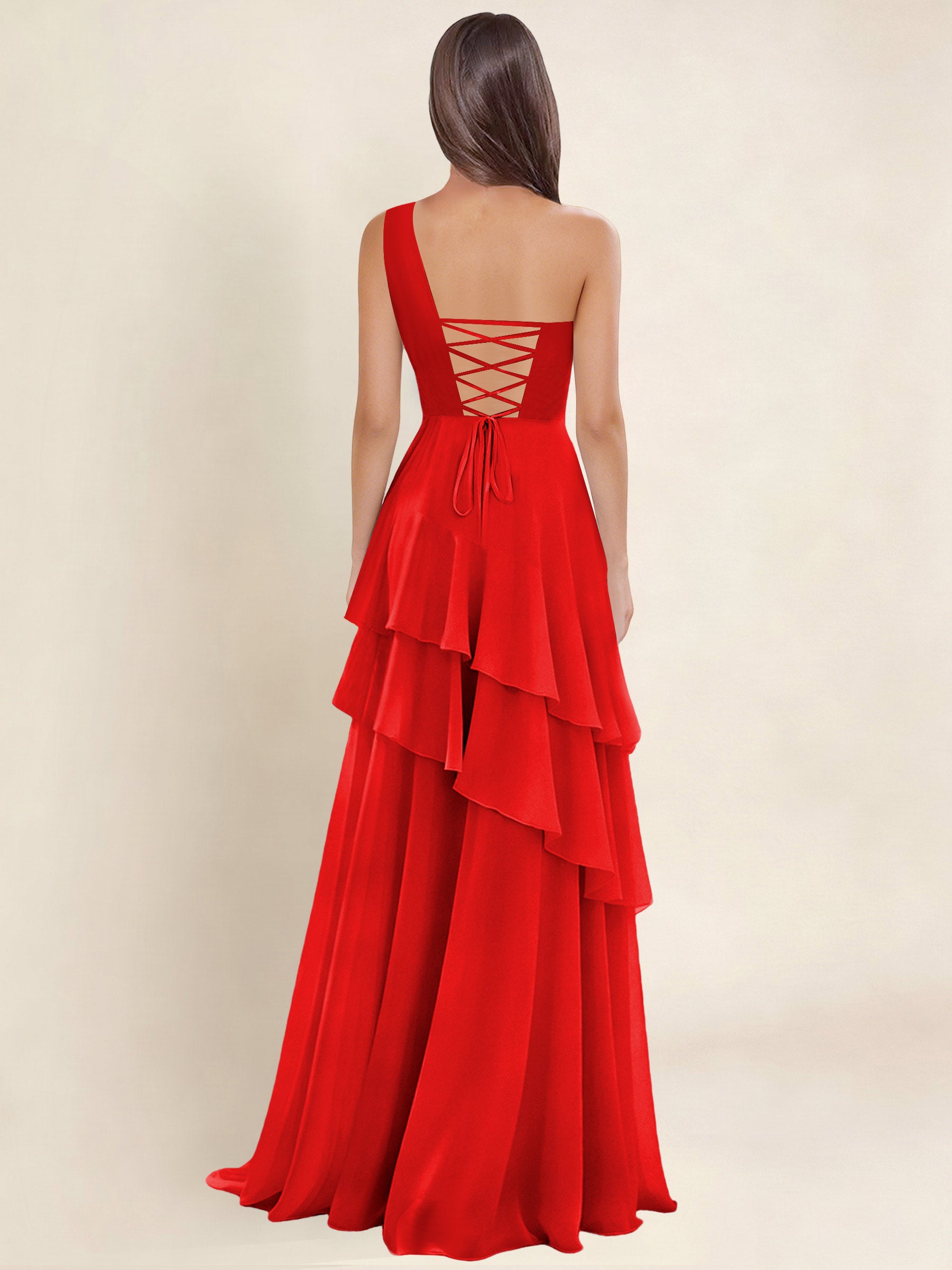 ROVDESY A-Line One Shoulder Pleated Tiered Chiffon Bridesmaid Dress