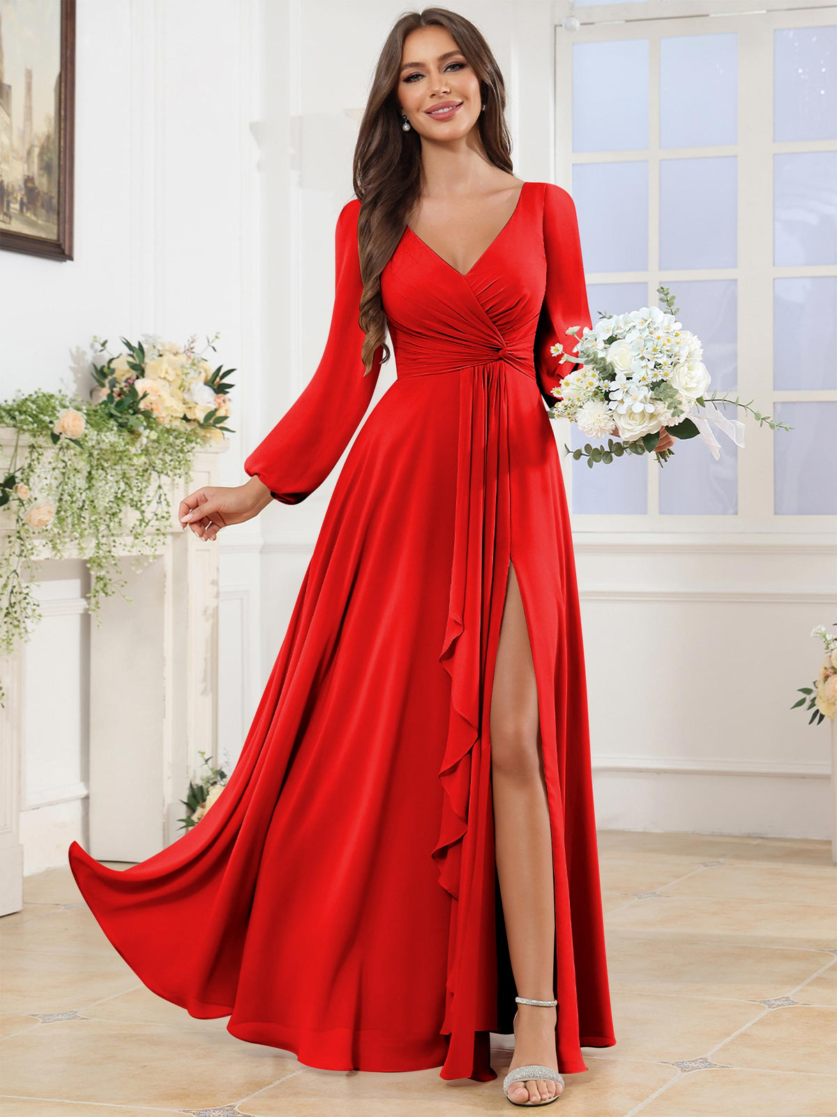 V Neck Chiffon Long Sleeve Bridesmaid Dresses with Slit