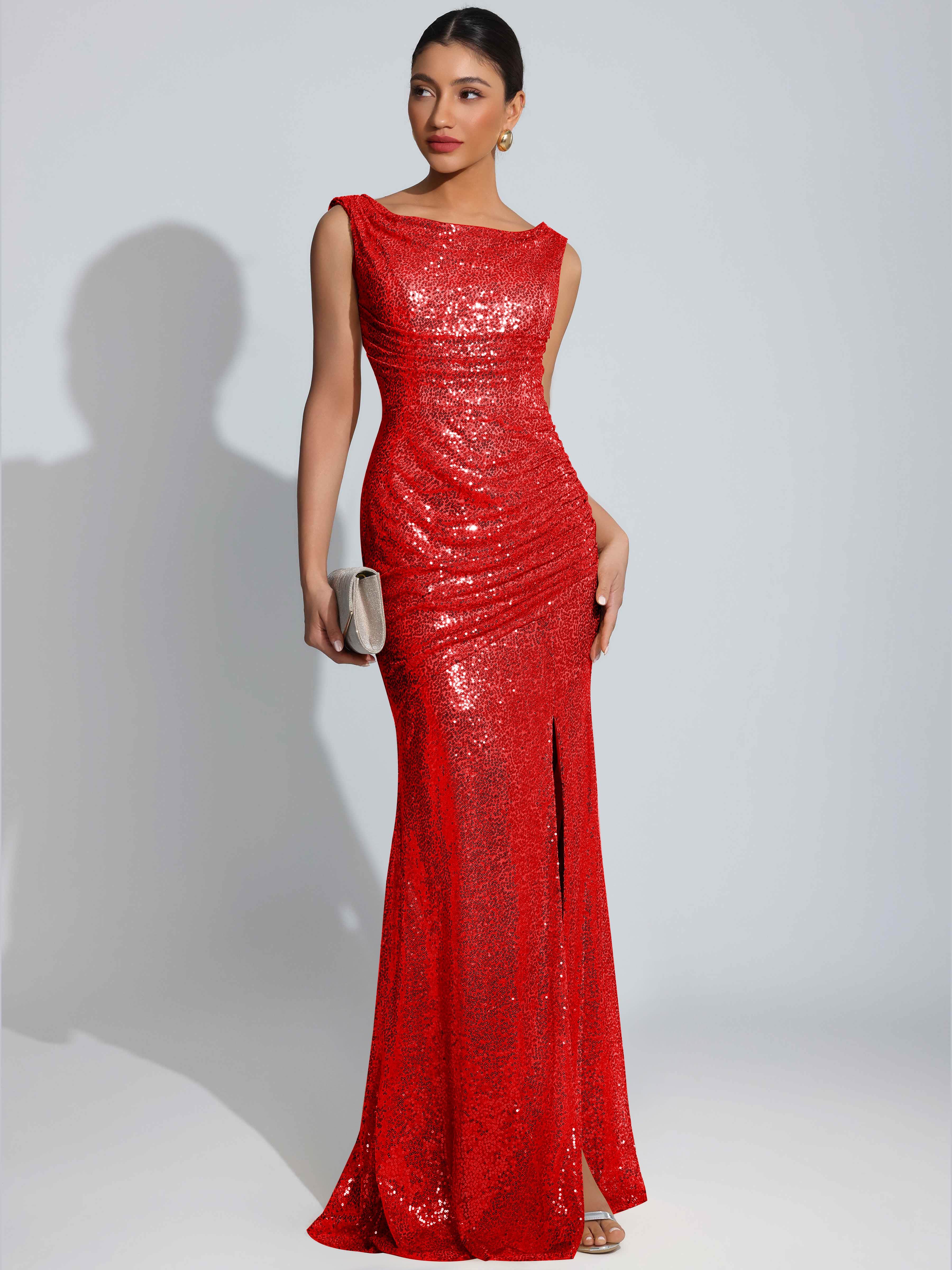 ROVDESY Sparkly Bateau Mermaid Ruched Sequin Long Prom Dress with Slit