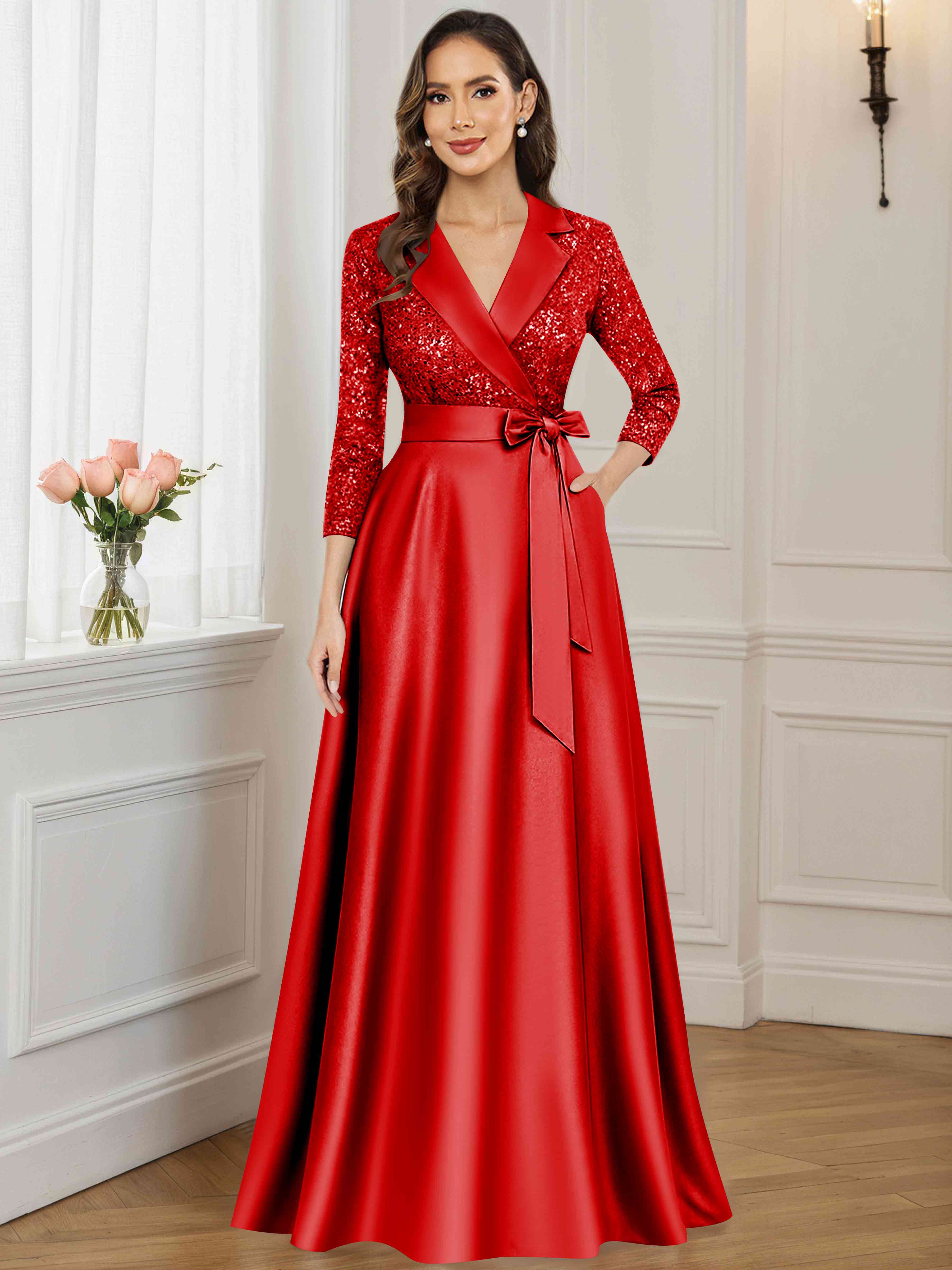 ROVDESY A-Line V Neck Sequin Satin  Long Mother of The Bride Dress Formal Gown With 3/4 Sleeves