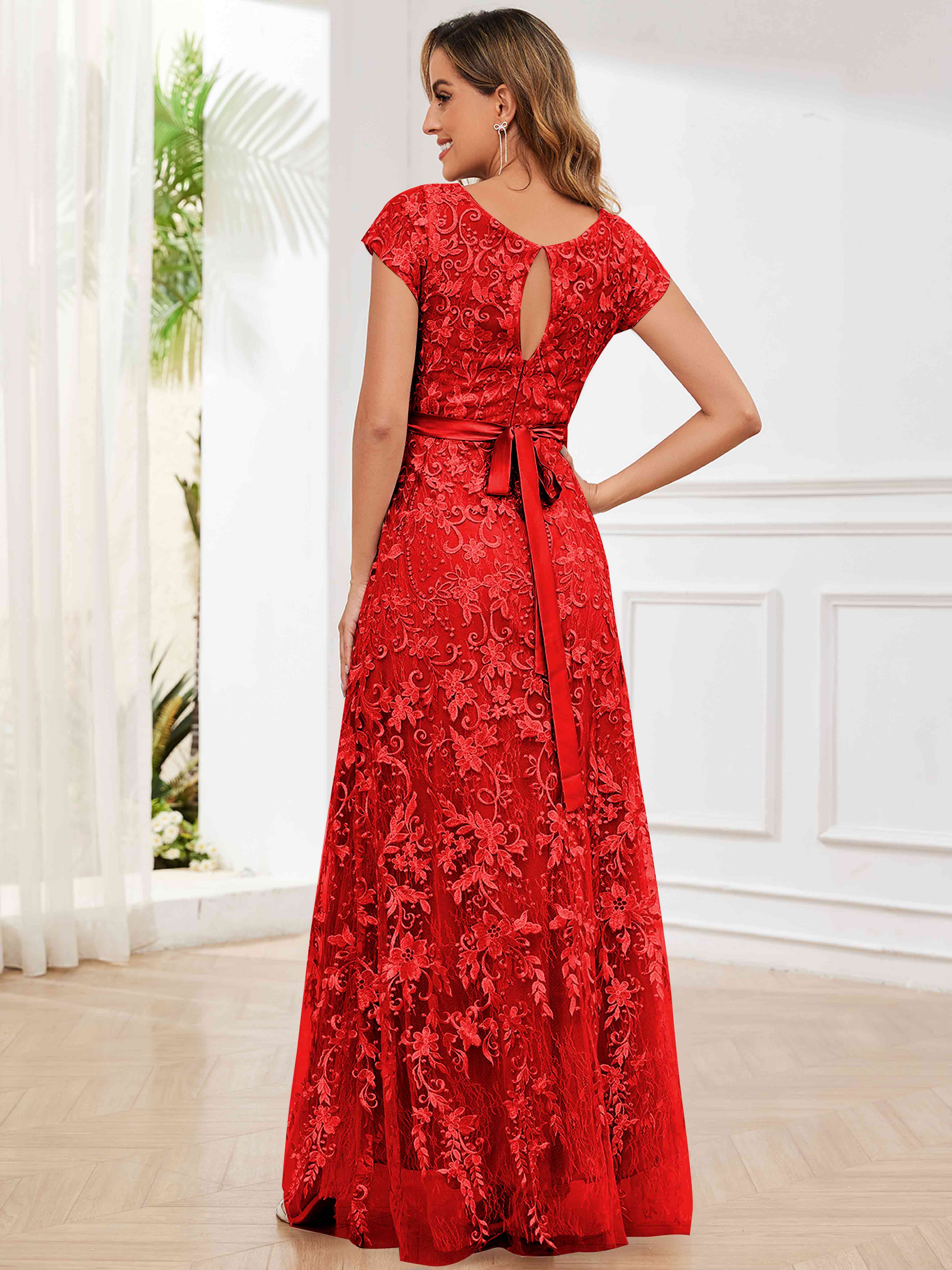 ROVDESY Elegant Lace Mother Of The Bride Dress With Short Sleeves Formal Gown