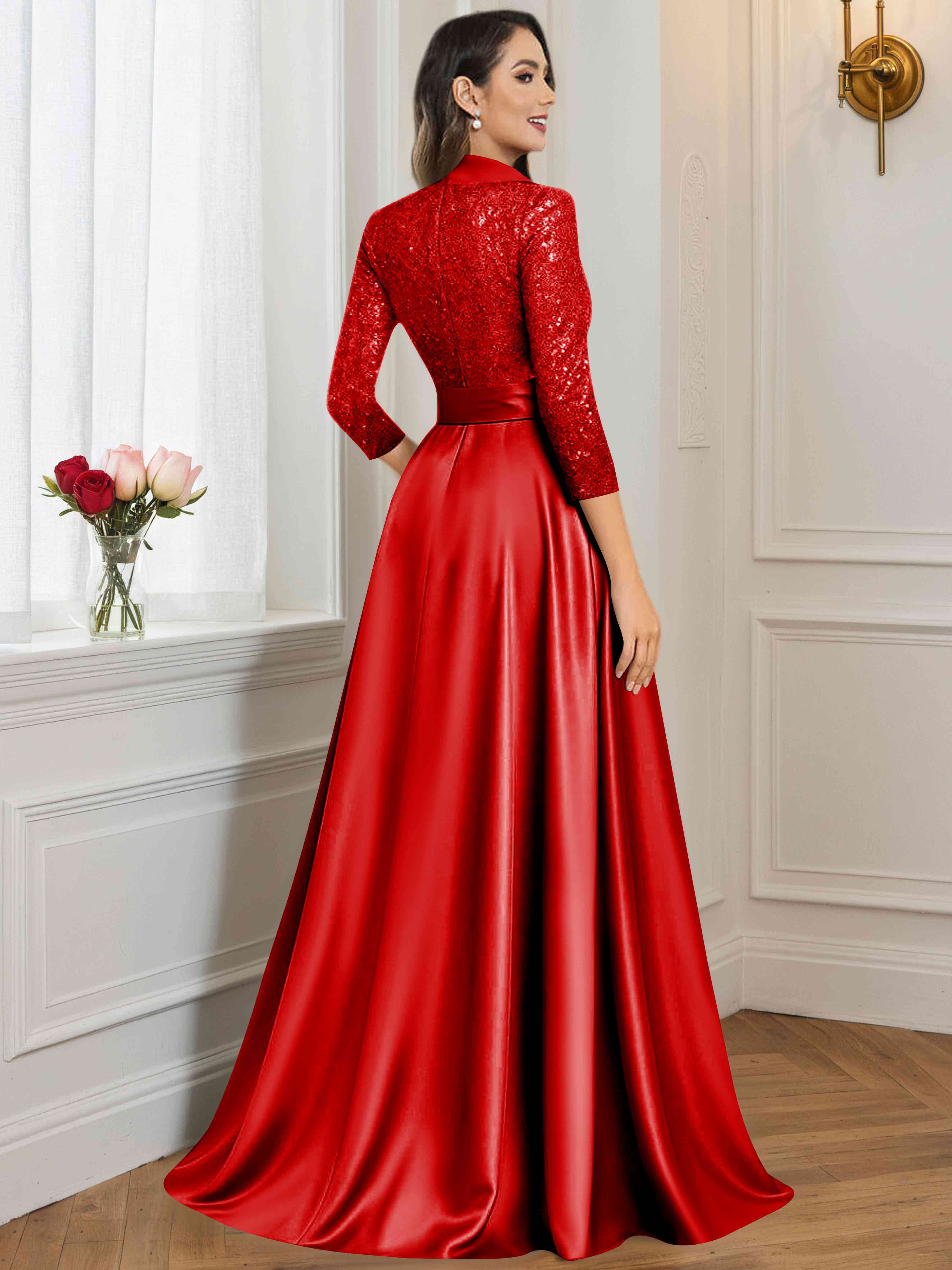 ROVDESY A-Line V Neck Sequin Satin  Long Mother of The Bride Dress Formal Gown With 3/4 Sleeves