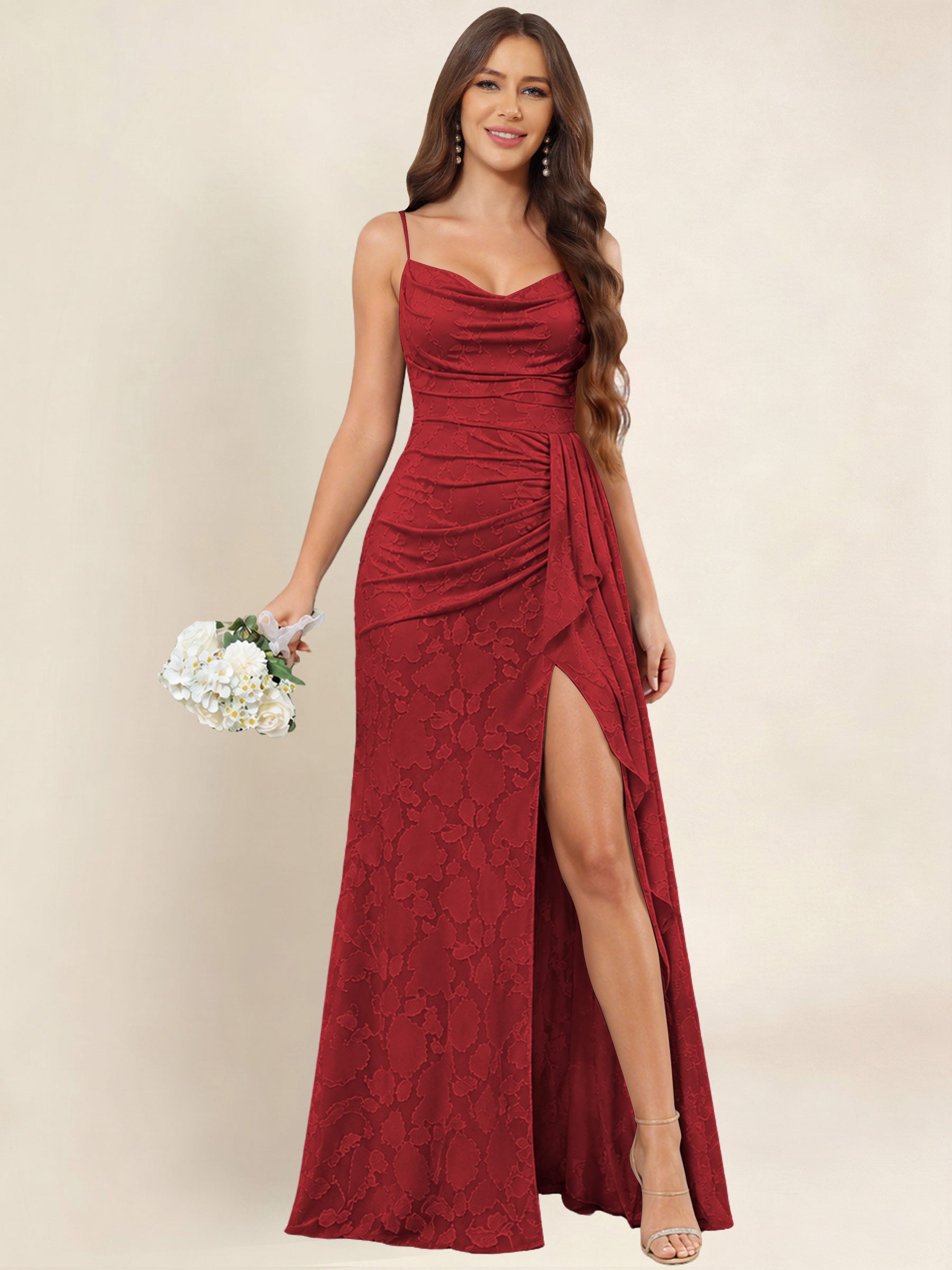 ROVDESY  Cowl Neck Ruffle Mermaid Chiffon Jacquard Bridesmaid/Prom Dress With Slit