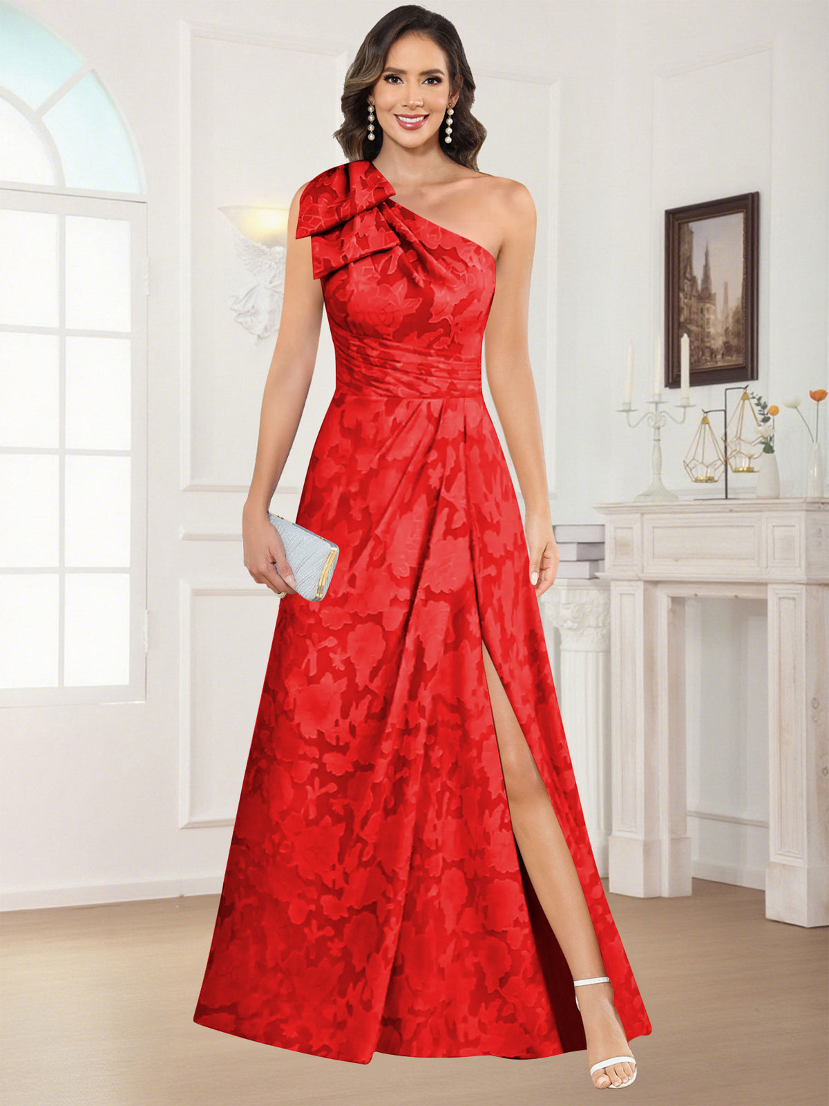 One Shoulder Floral Jacquard Mother of the Bride Dress