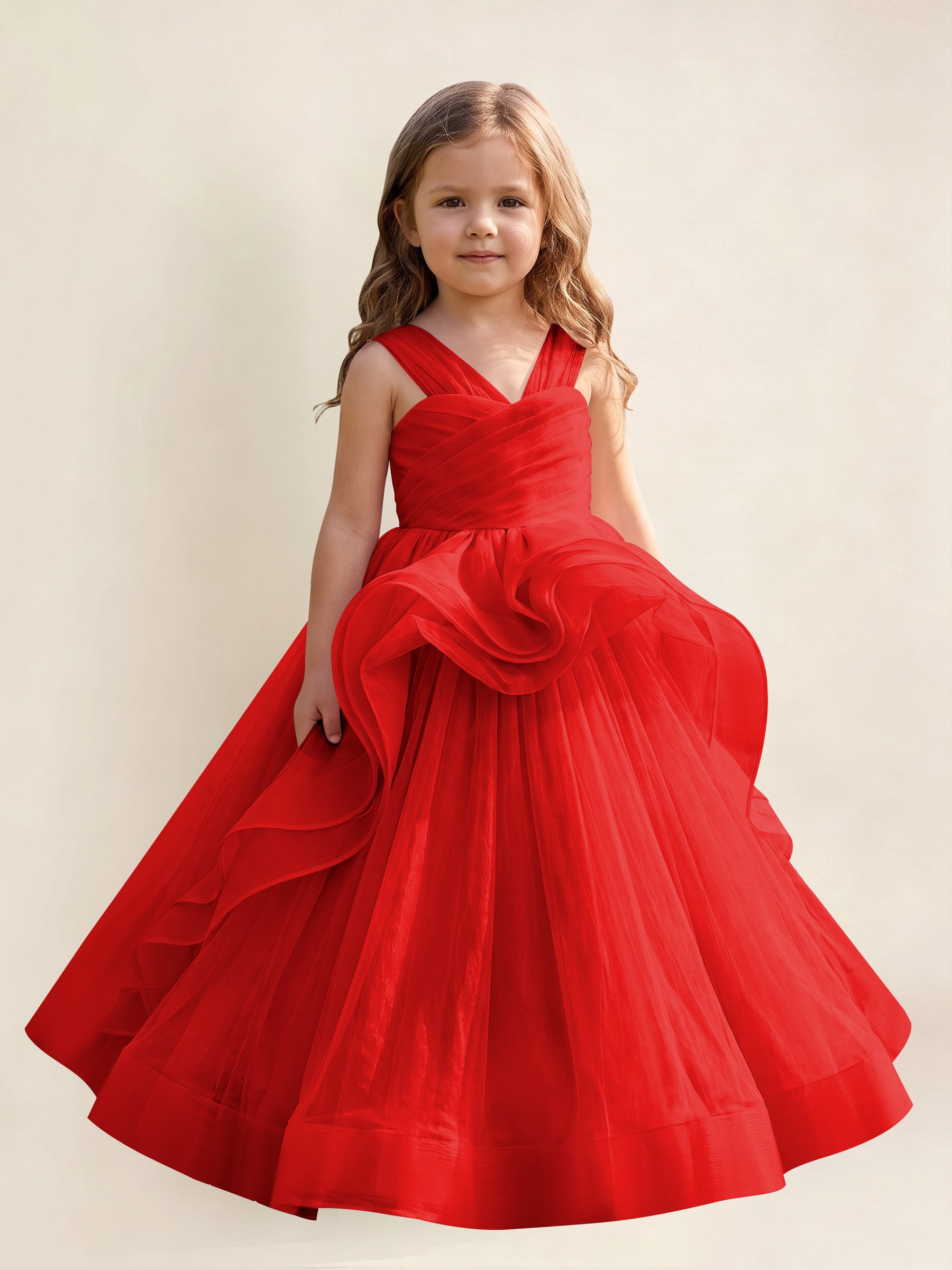 ROVDESY A-Line V-Neck Tulle Flower Girl Dress With Sleeveless Long Ball Gown Dress
