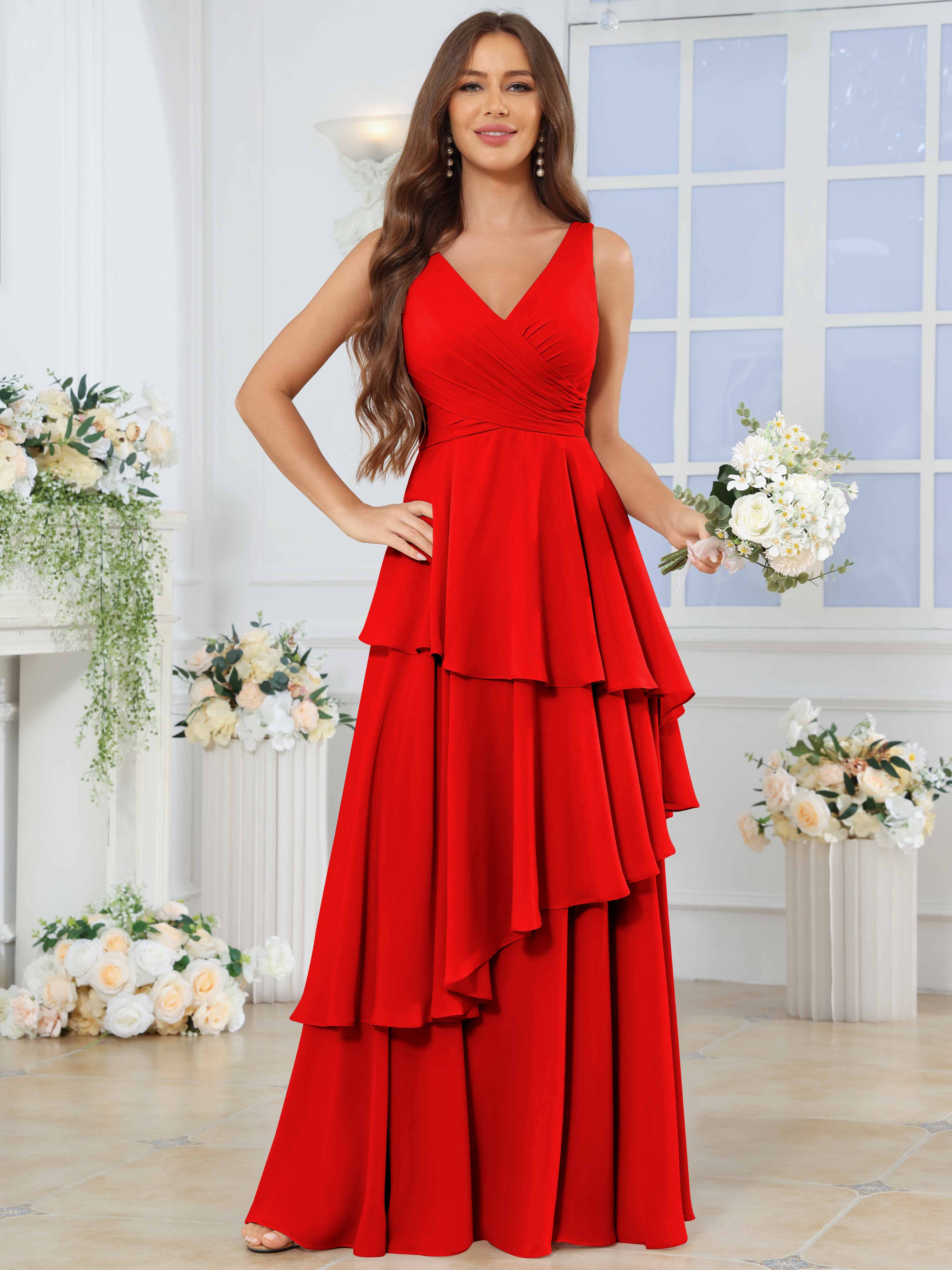 ROVDESY Long Sleeveless V-Neck Tiered Pleated Chiffon Bridesmaid Dress
