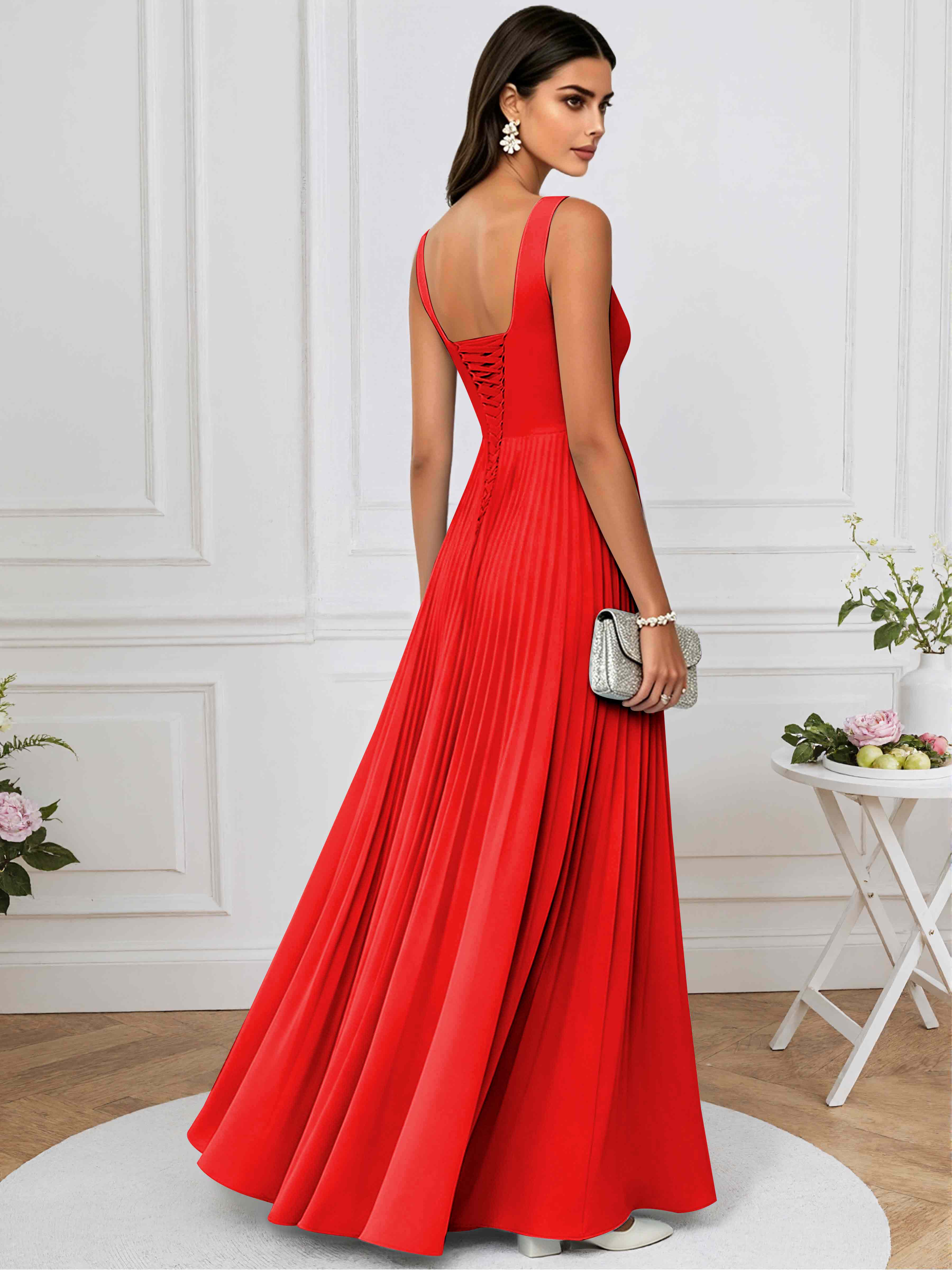 ROVDESY A-Line Square Neck Pleated Chiffon Long Bridesmaid/Prom Dress