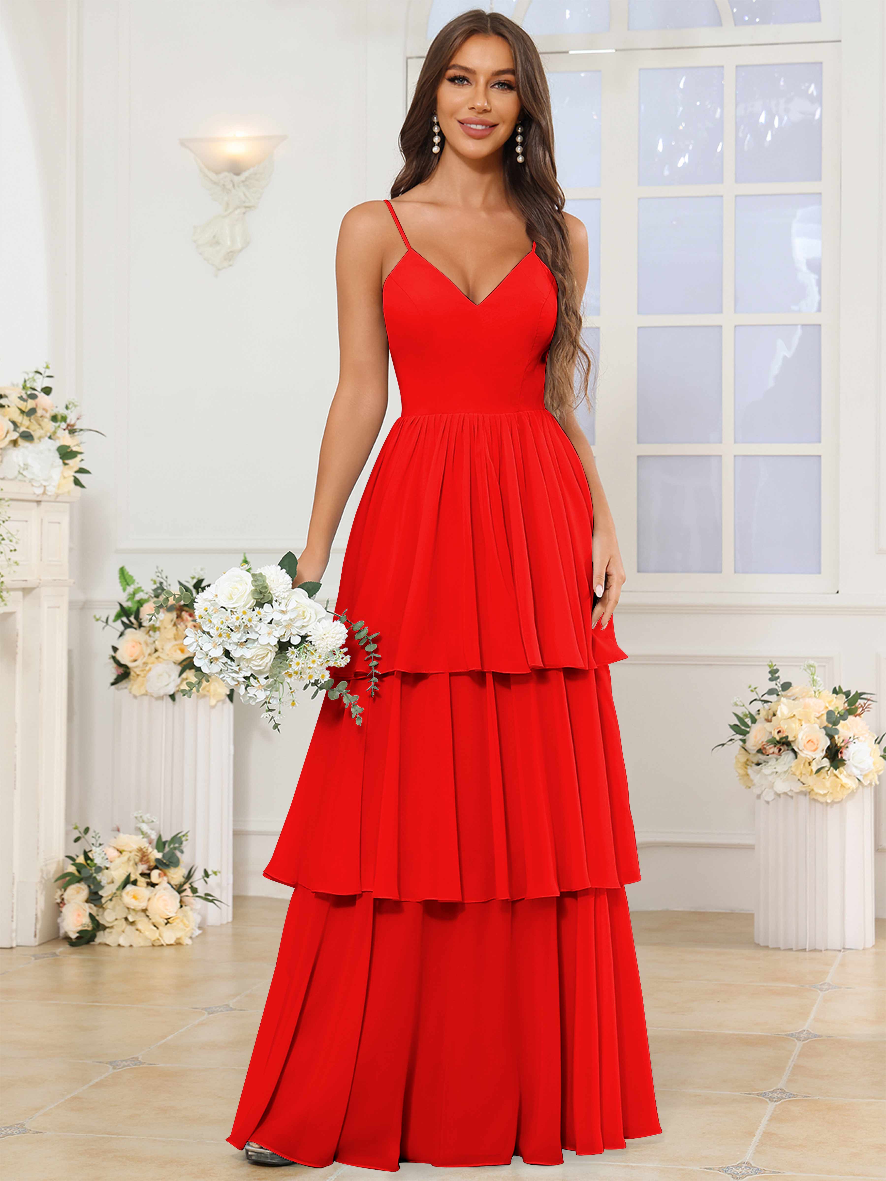 ROVDESY V-Neck Spaghetti Straps Tiered Chiffon Bridesmaid Dress With Ruffles