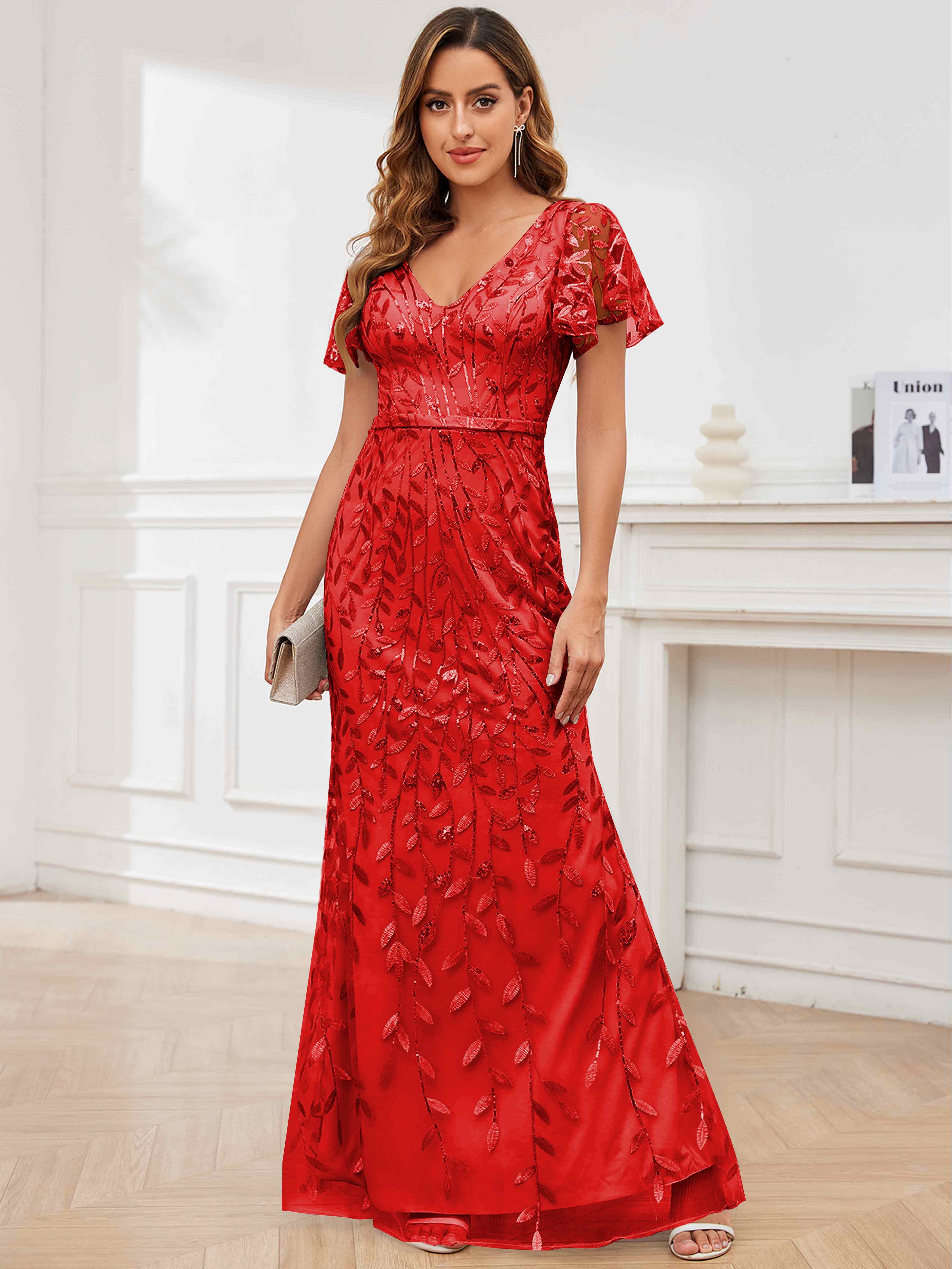 ROVDESY V-Neck Mermaid Sequin Mother Of The Bride Dress With Short Sleeves