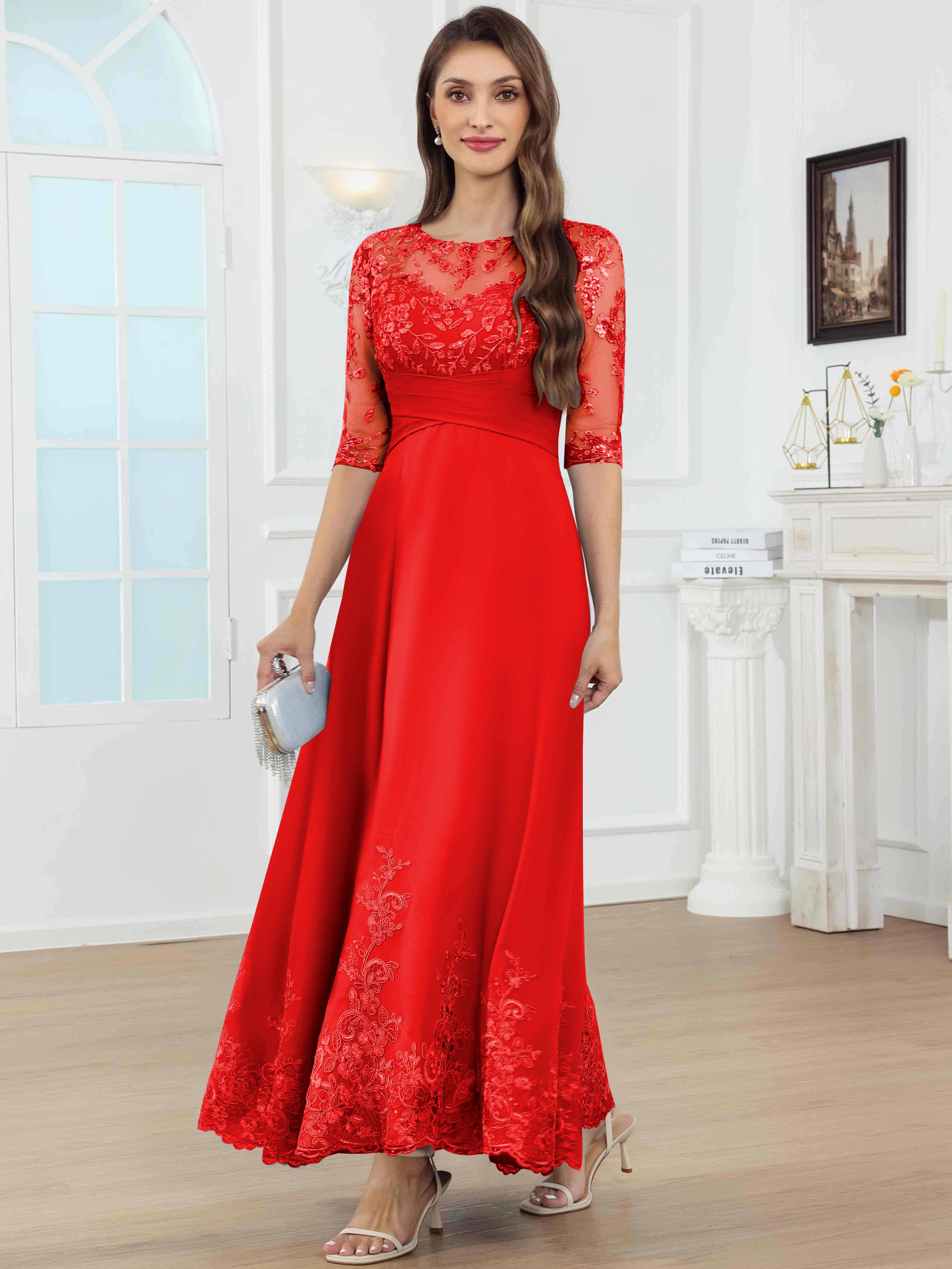ROVDESY A-Line Lace Sequin Pleated Chiffon Mother Of The Bride Dress With Half Sleeves