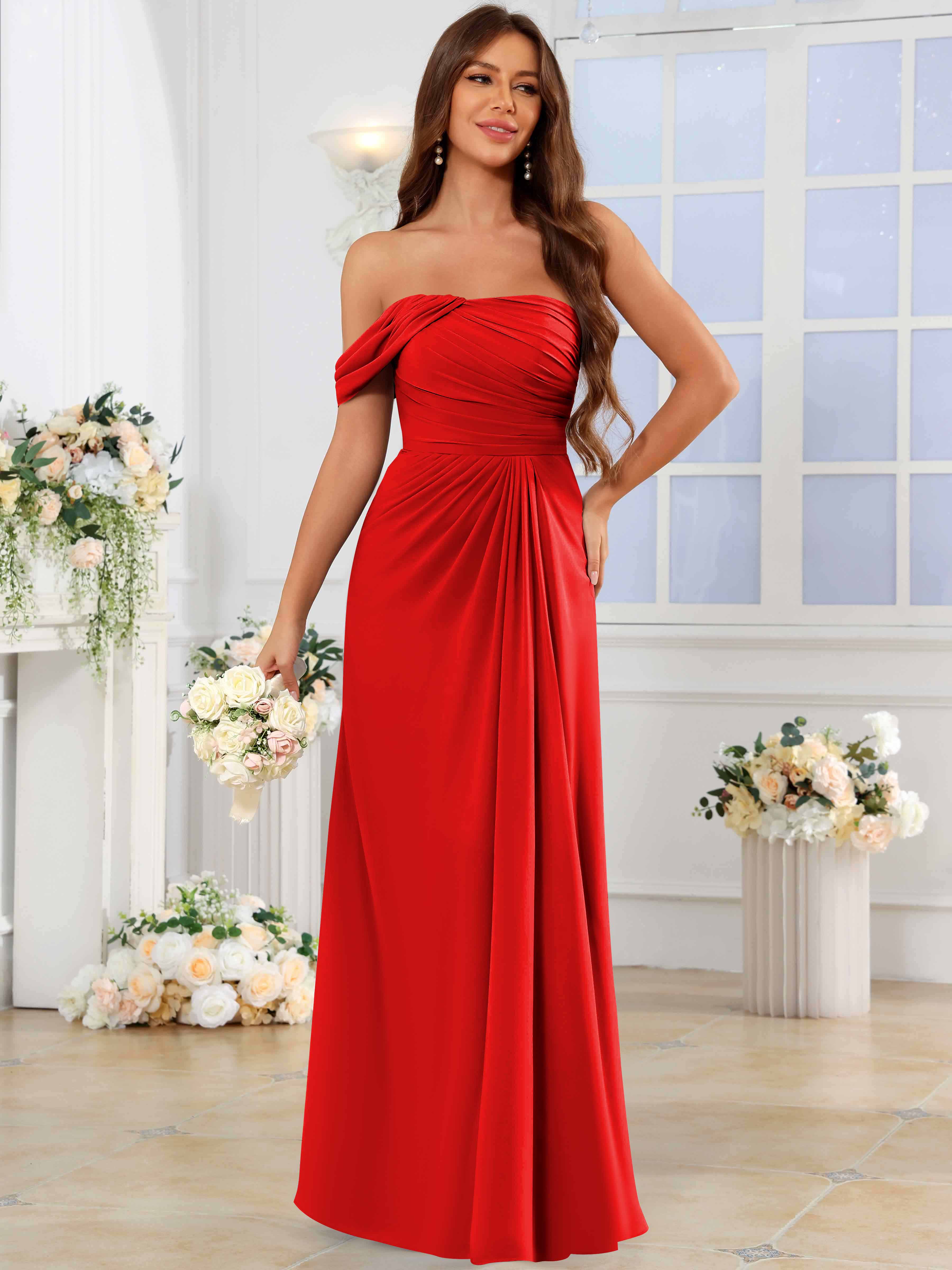 ROVDESY One Shoulder Off The Shoulder Pleated Chiffon Bridesmaid Dress