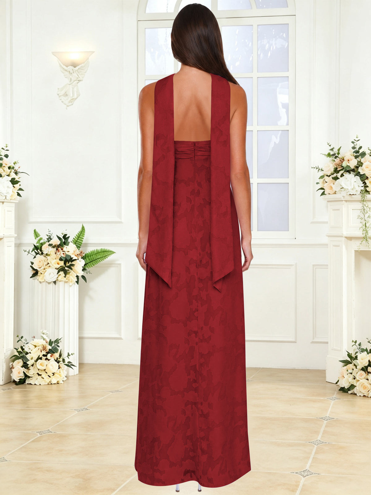 Spaghetti Strap Ruched Floral Jacquard A Line Bridesmaid Dress with Scarf