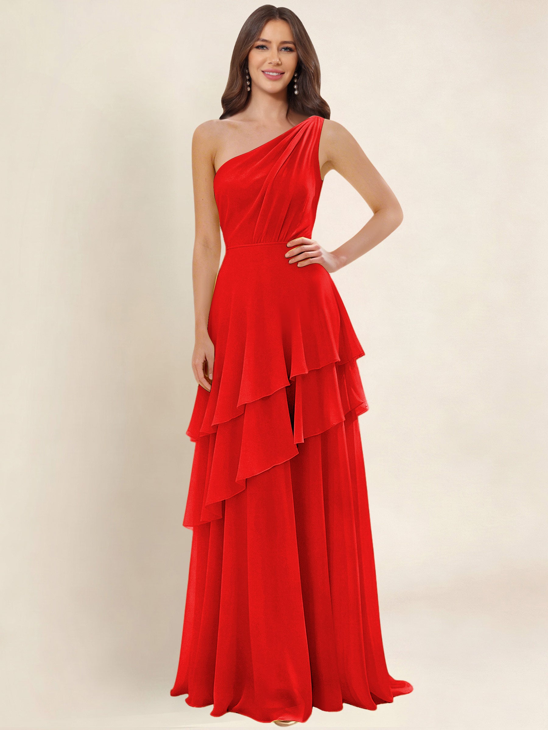 ROVDESY A-Line One Shoulder Pleated Tiered Chiffon Bridesmaid Dress