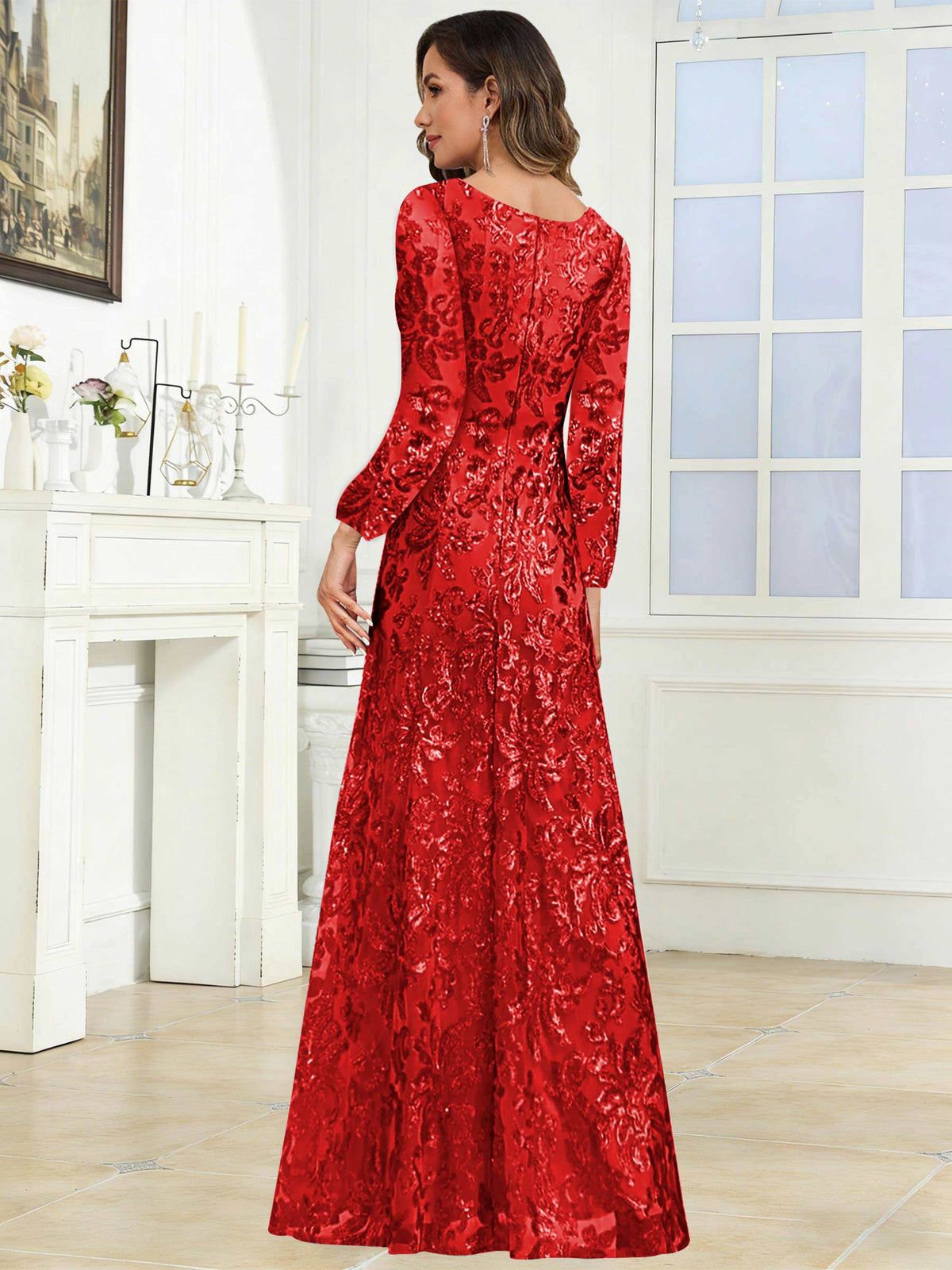 Crew Neck Sequin Lace Long Sleeve Mother of the Bride Dress