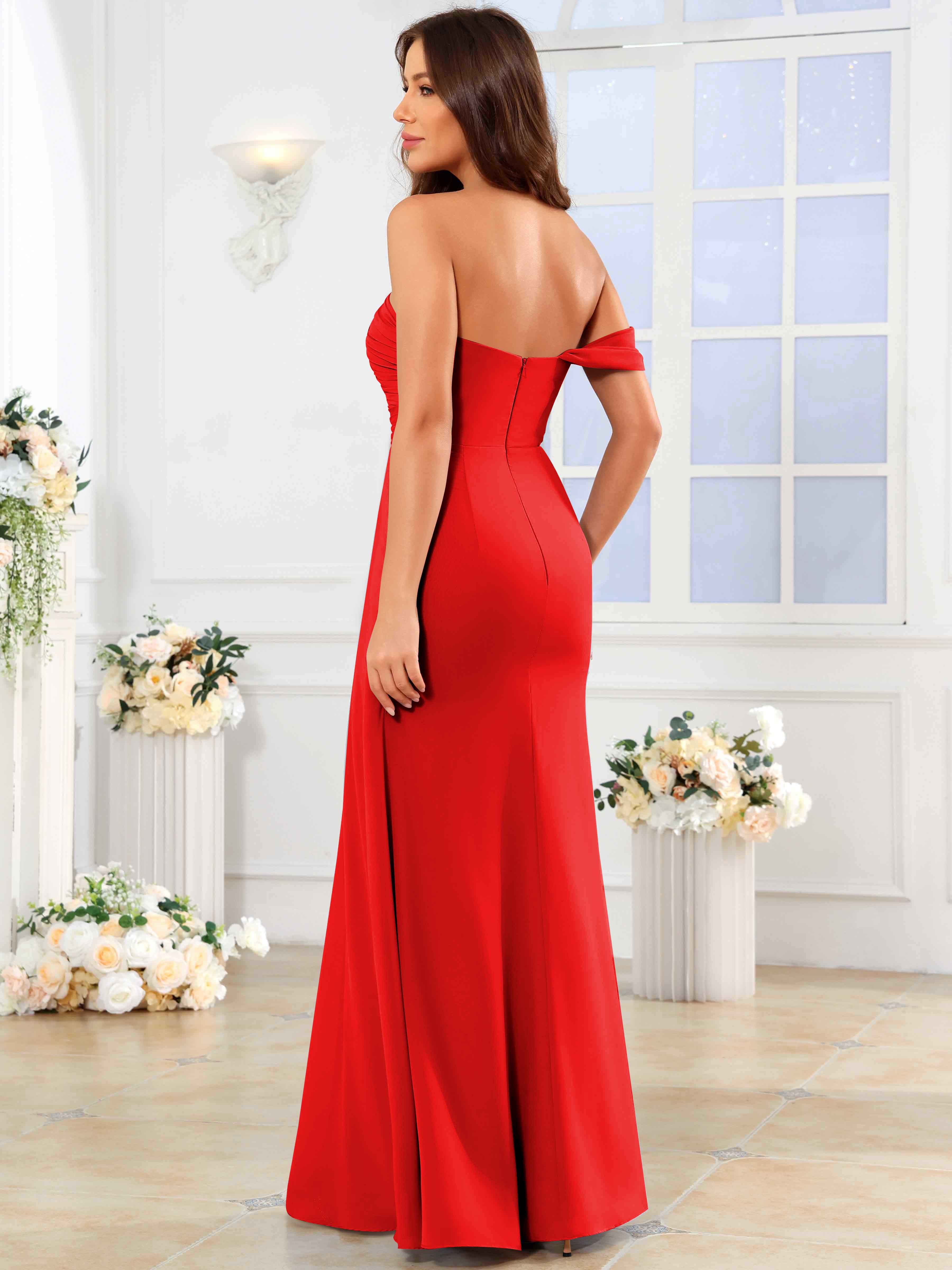 ROVDESY One Shoulder Off The Shoulder Pleated Chiffon Bridesmaid Dress