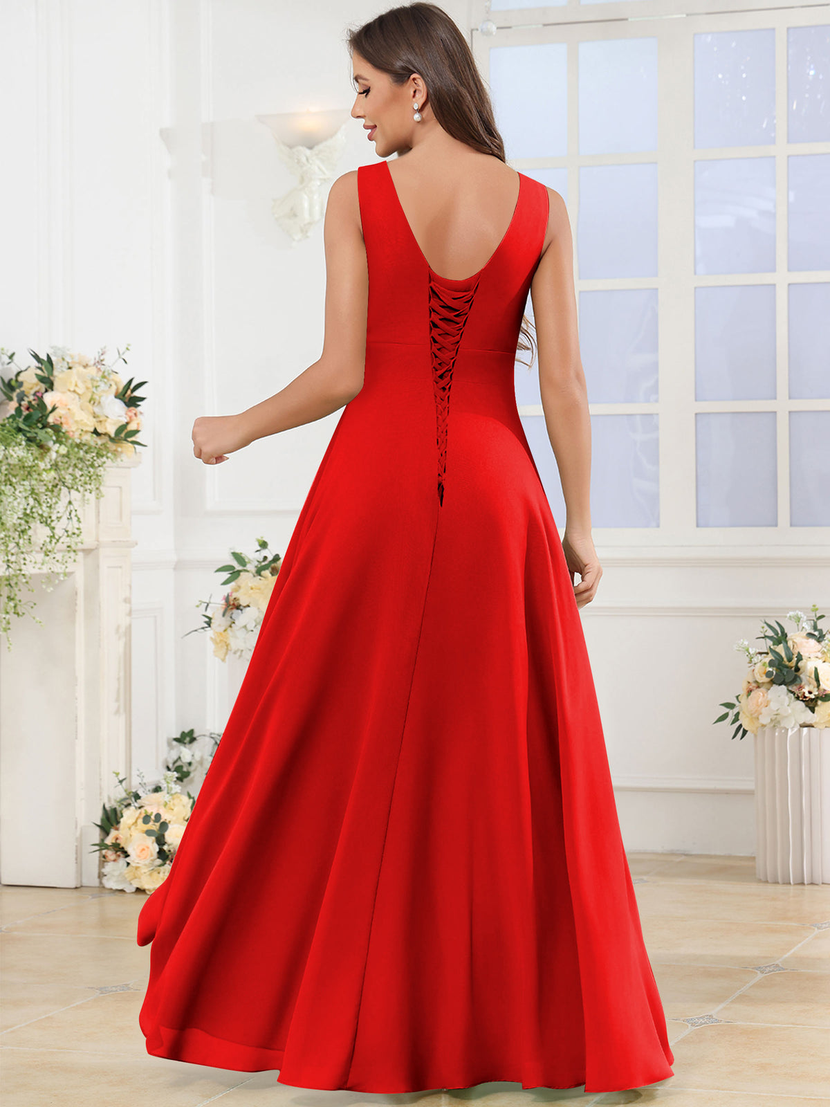 V Neck Chiffon A Line Ruffle Bridesmaid Dress with Slit