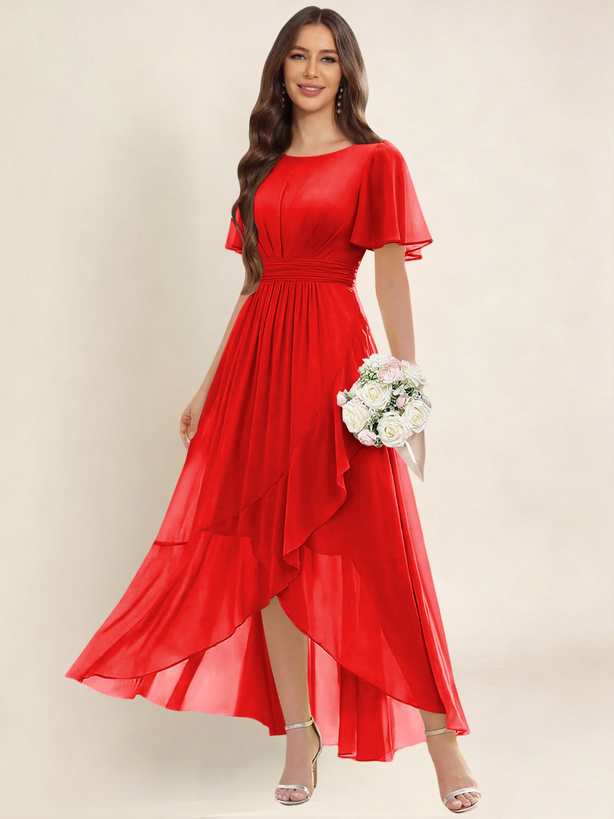 ROVDESY A-Line High Low Round Neck Pleated Ruffle Chiffon Bridesmaid Dress With Short Sleeves