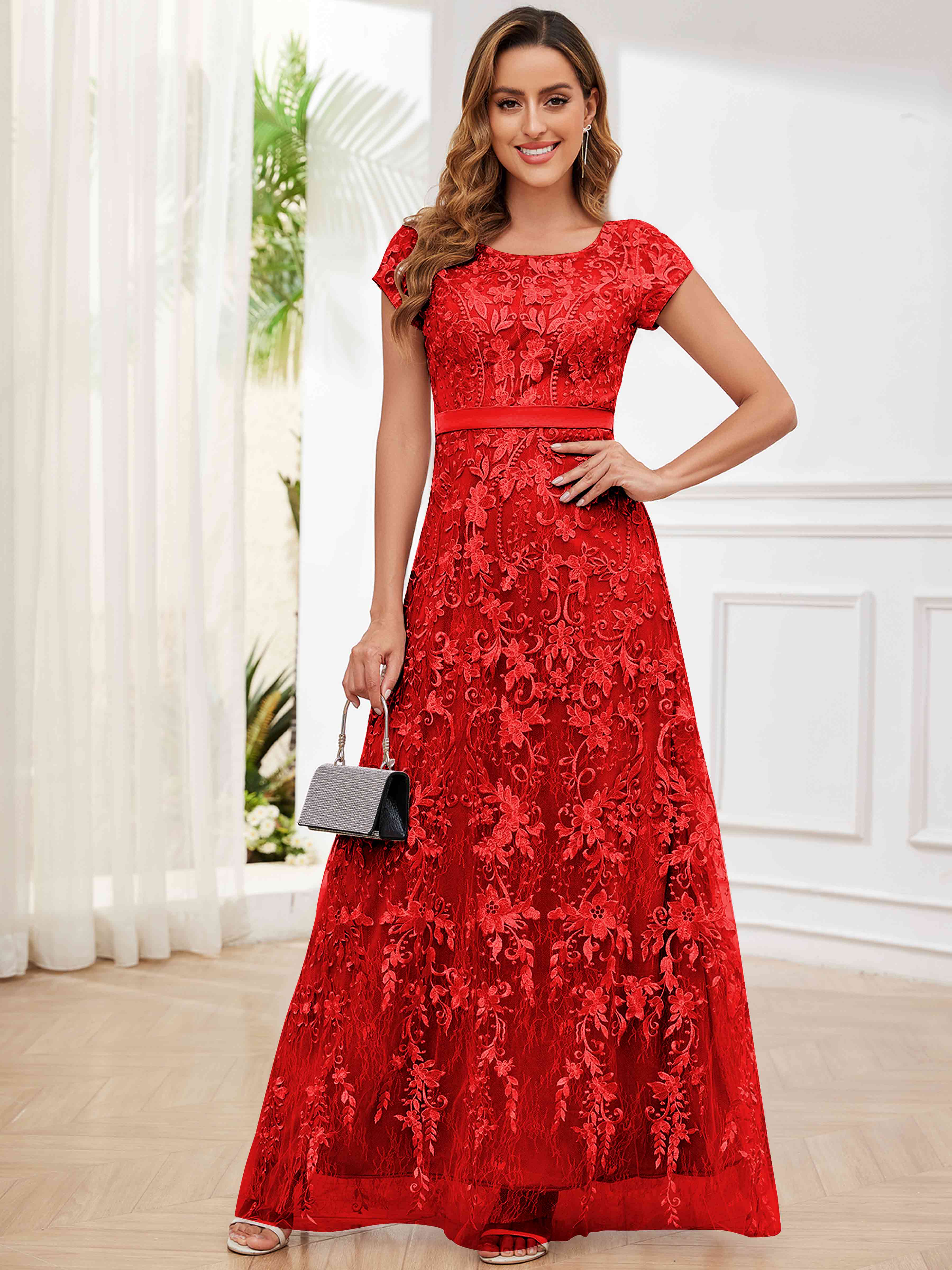 ROVDESY Elegant Lace Mother Of The Bride Dress With Short Sleeves Formal Gown